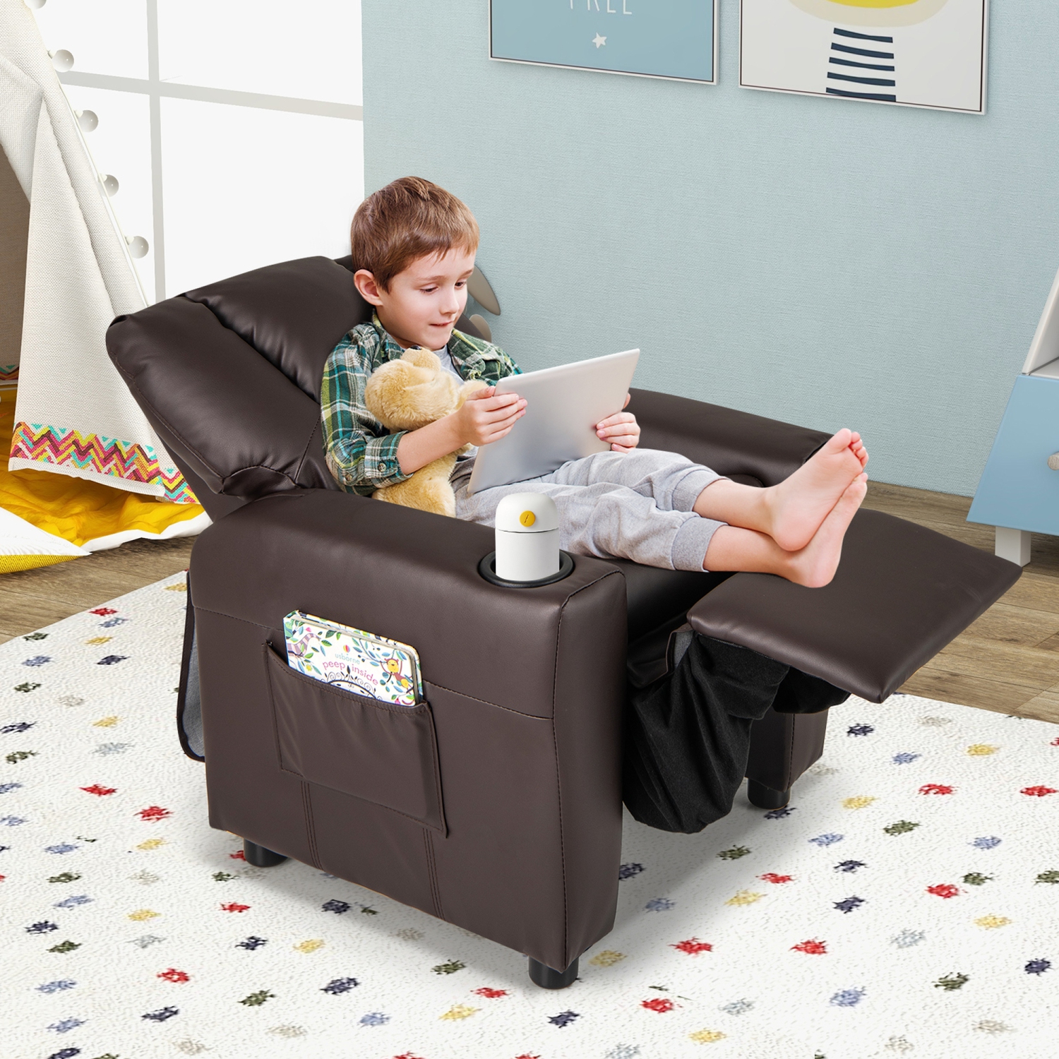 Costway Kids Recliner Chair with Cup Holder & Side Pocket Adjustable Backrest Footrest