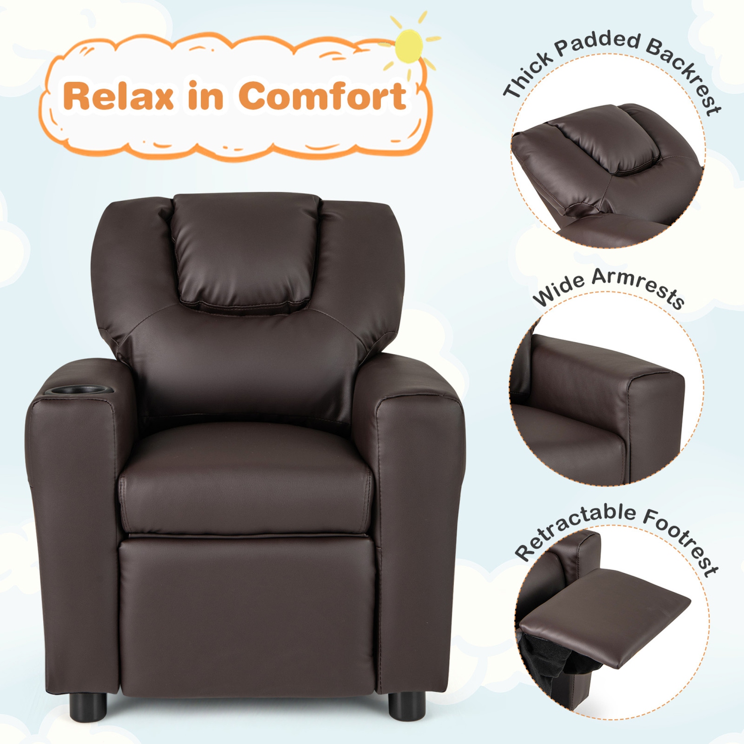 Costway Kids Recliner Chair with Cup Holder & Side Pocket Adjustable Backrest Footrest