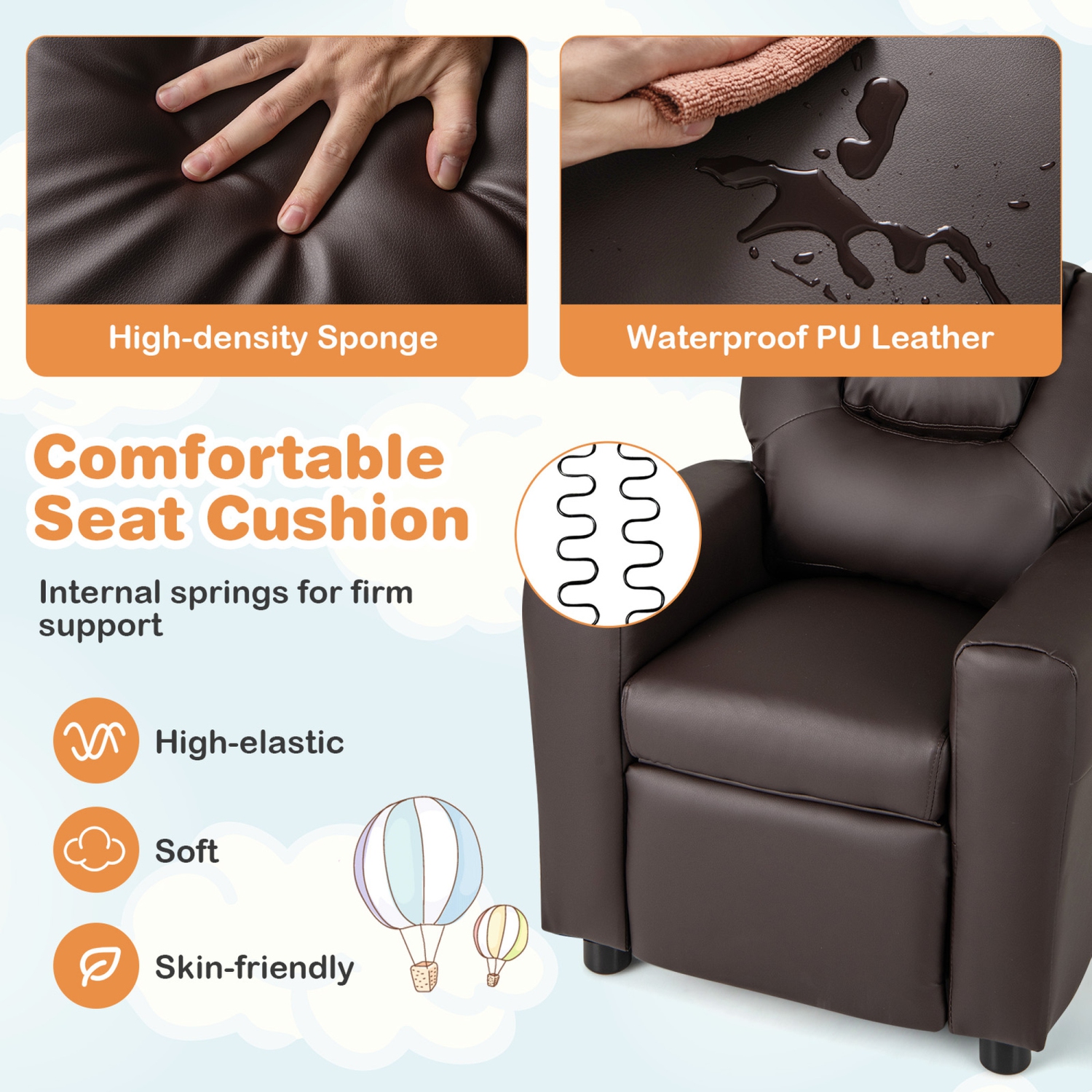 Costway Kids Recliner Chair with Cup Holder & Side Pocket Adjustable Backrest Footrest