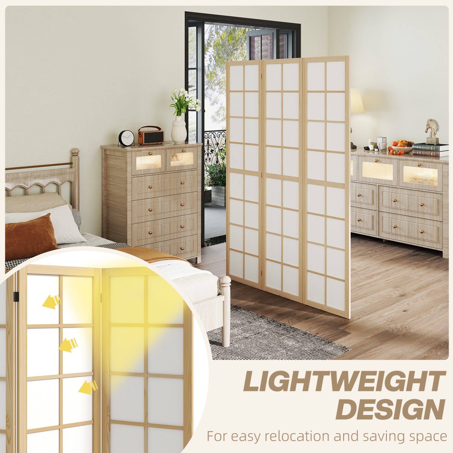 HOMCOM – Séparateur de pièce à 3 panneaux, écran de confidentialité pliable 5,6&nbsp;pi, séparateur mural autonome pour chambre, naturel et blanc