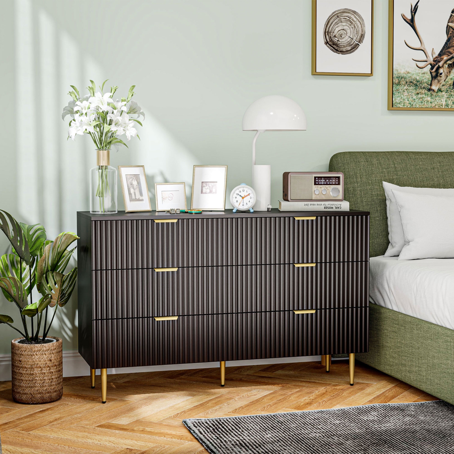 HOMCOM – Commode moderne à 6 tiroirs pour chambre à coucher, commode à tiroirs avec poignées et pattes dorées de luxe, armoire de rangement pour