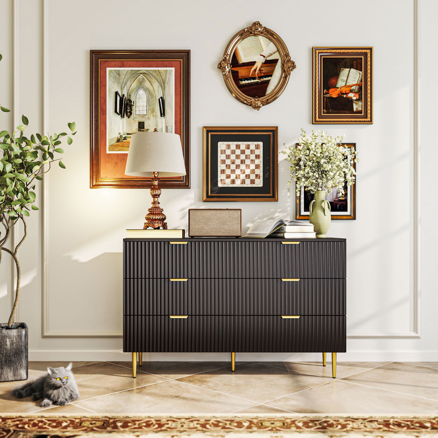 HOMCOM – Commode moderne à 6 tiroirs pour chambre à coucher, commode à tiroirs avec poignées et pattes dorées de luxe, armoire de rangement pour