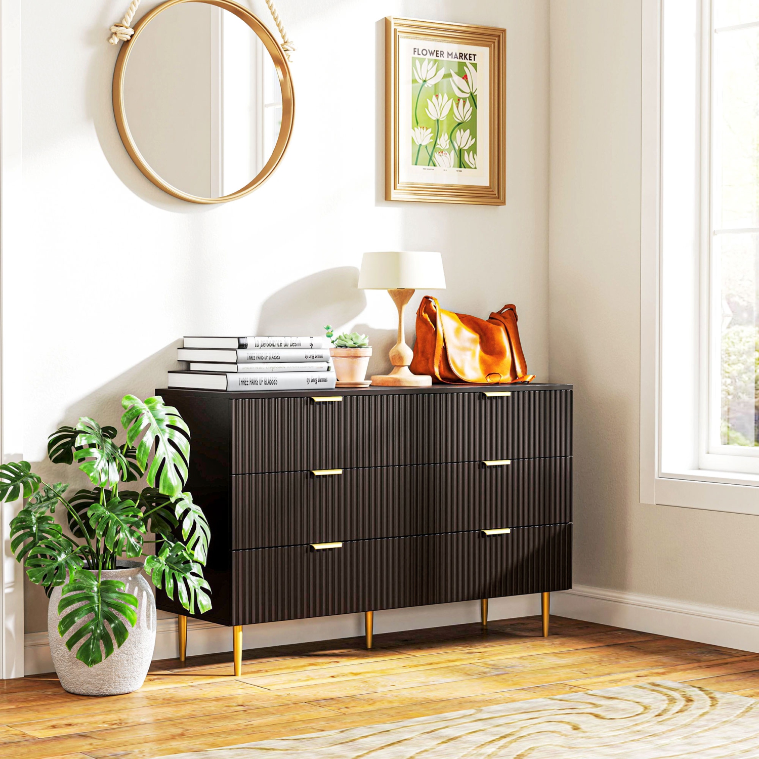 HOMCOM – Commode moderne à 6 tiroirs pour chambre à coucher, commode à tiroirs avec poignées et pattes dorées de luxe, armoire de rangement pour
