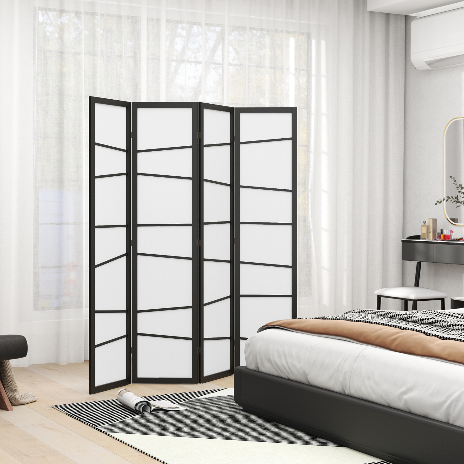 HOMCOM 4 Panel Wood Room Divider, 5.6ft Folding Privacy Screen, Freestanding Wall Partition Divider, White