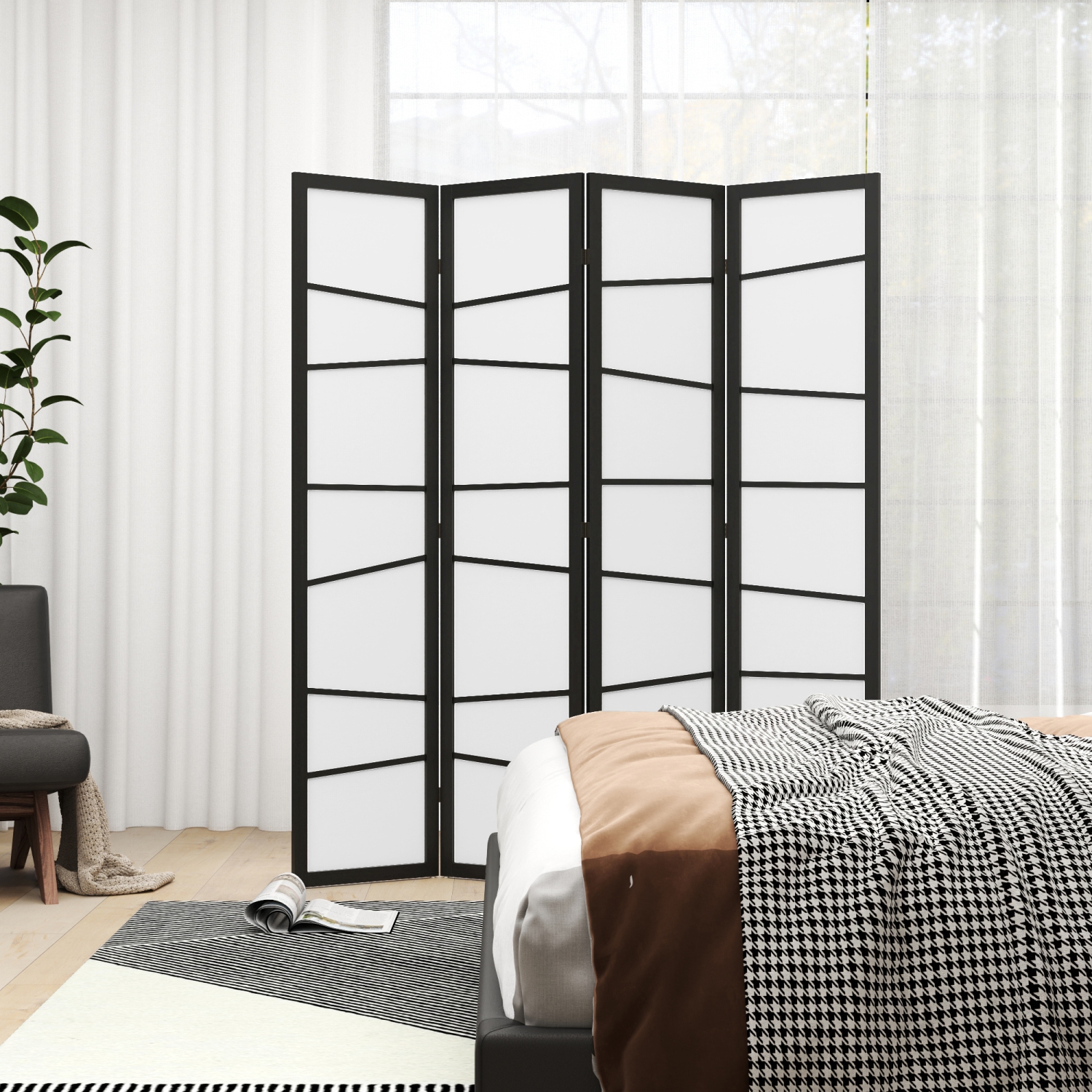 HOMCOM 4 Panel Wood Room Divider, 5.6ft Folding Privacy Screen, Freestanding Wall Partition Divider, White
