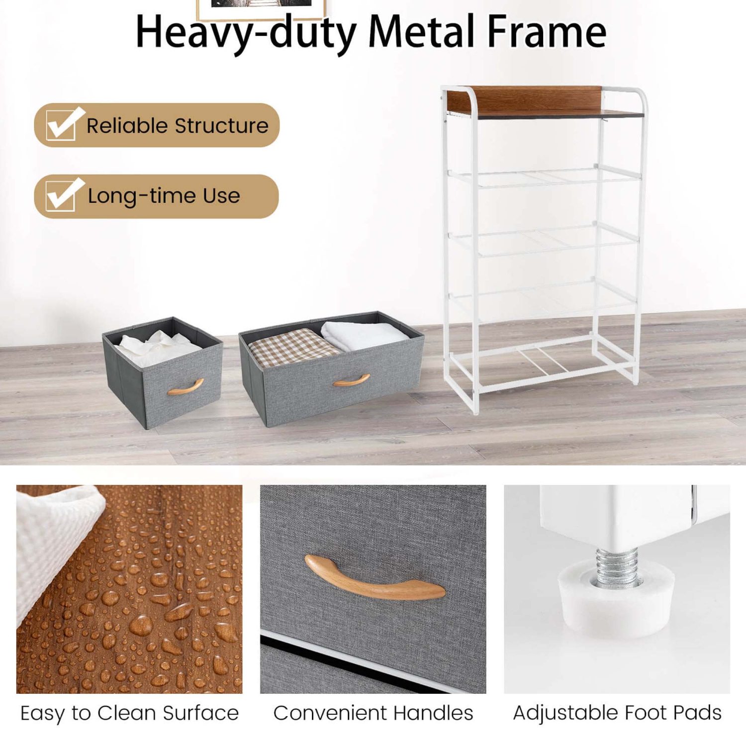 Costway 5-Drawer Dresser Storage 4-Tier Organizer Tower Steel Frame Wooden Top