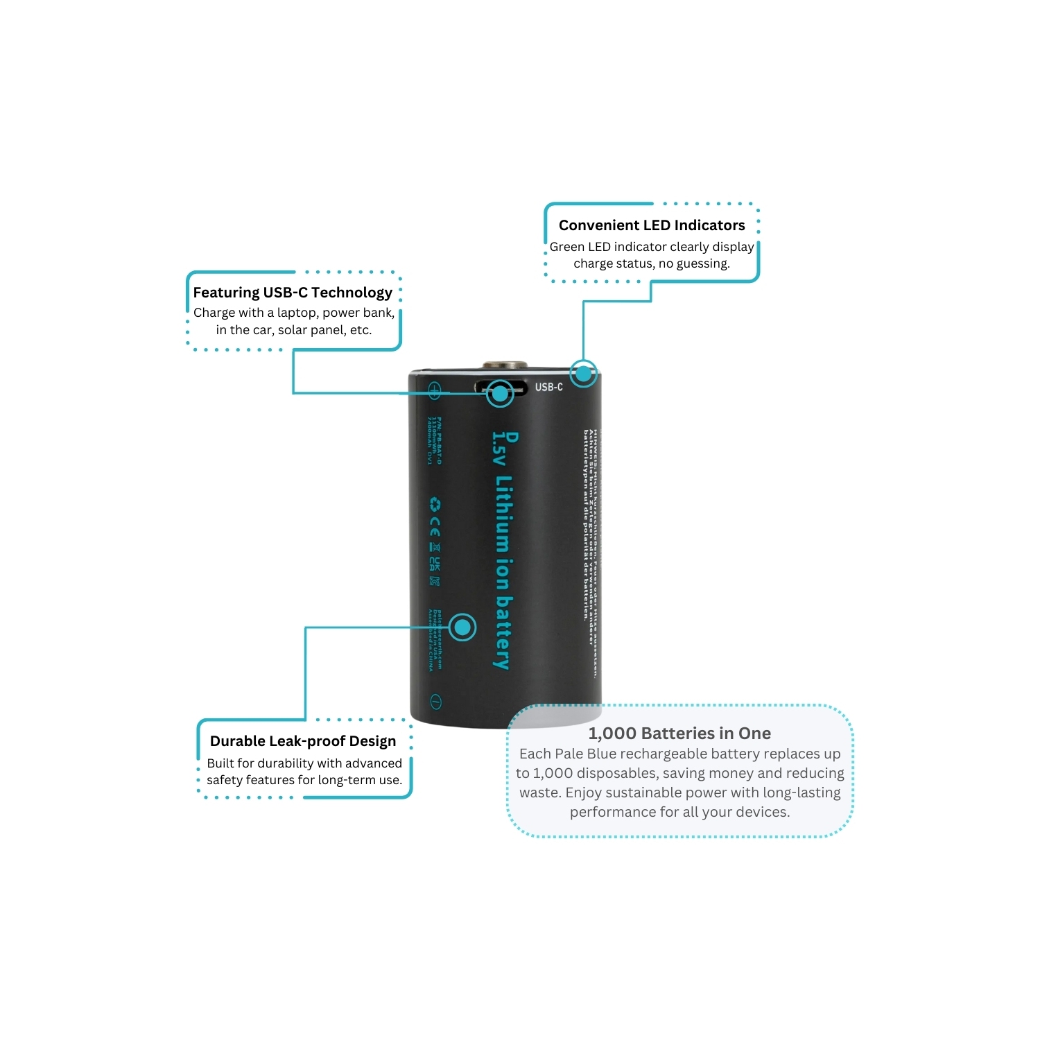 Batteries Rechargeable D avec chargeur USB bleu pâle, batterie au lithium-ion 1,5&nbsp;V 5000&nbsp;mAh, recharge rapide, plus de 1000 cycles,
