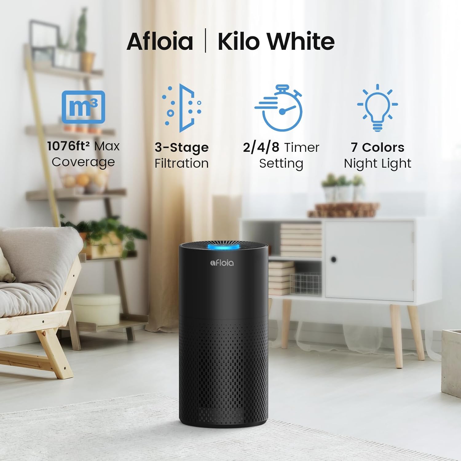 Afloia Kilo Air Purifier for Home Large Room Up to 1076 Sq. Ft. –7-Color Night Light – Removes Dust, Smoke, Pollen, Mold & Dander
