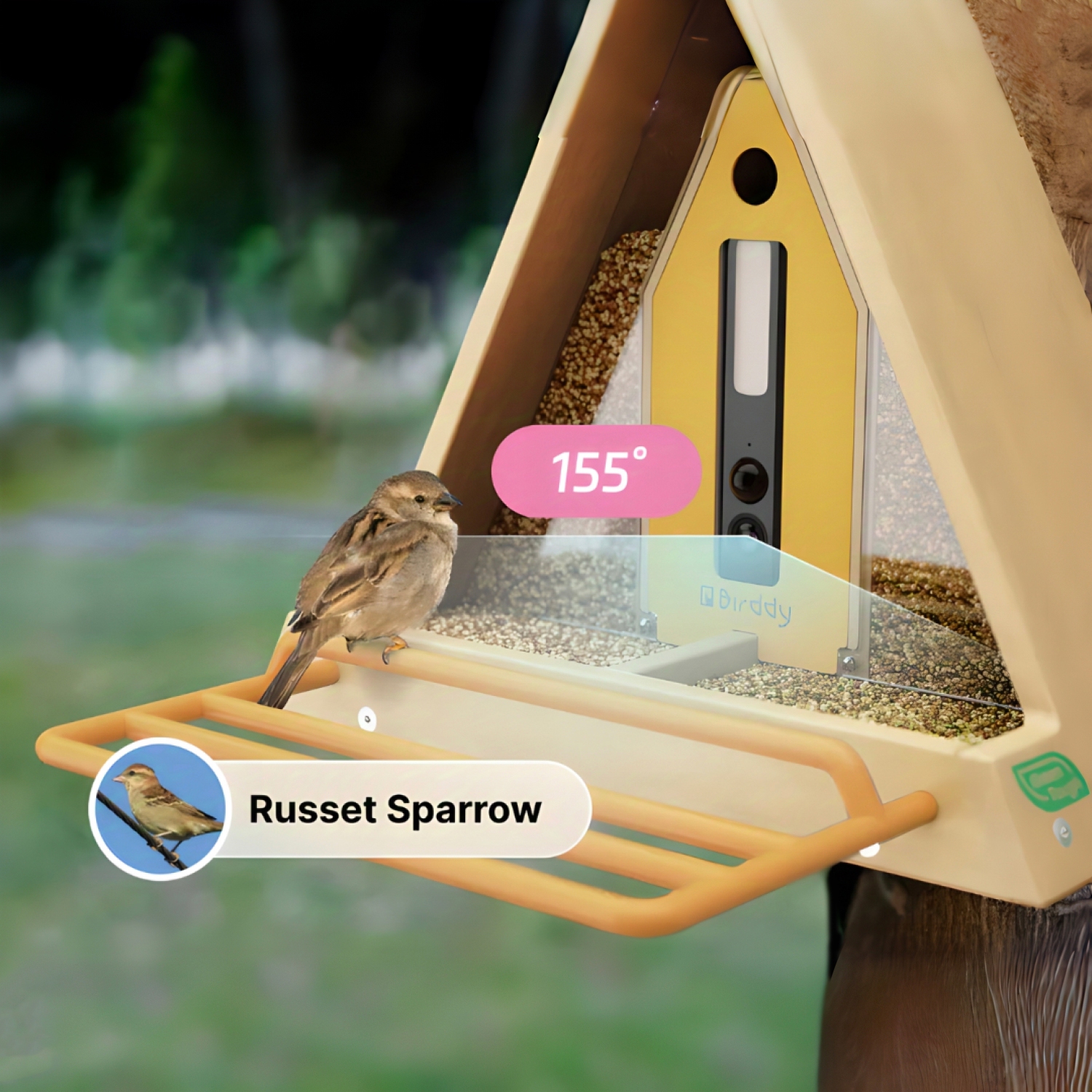 Reli Birddy Smart Bird Feeder GreenTough™ with Camera Solar Powered, Durable Material Feeder with Watching Camera, AI Identify, Live View, Instant