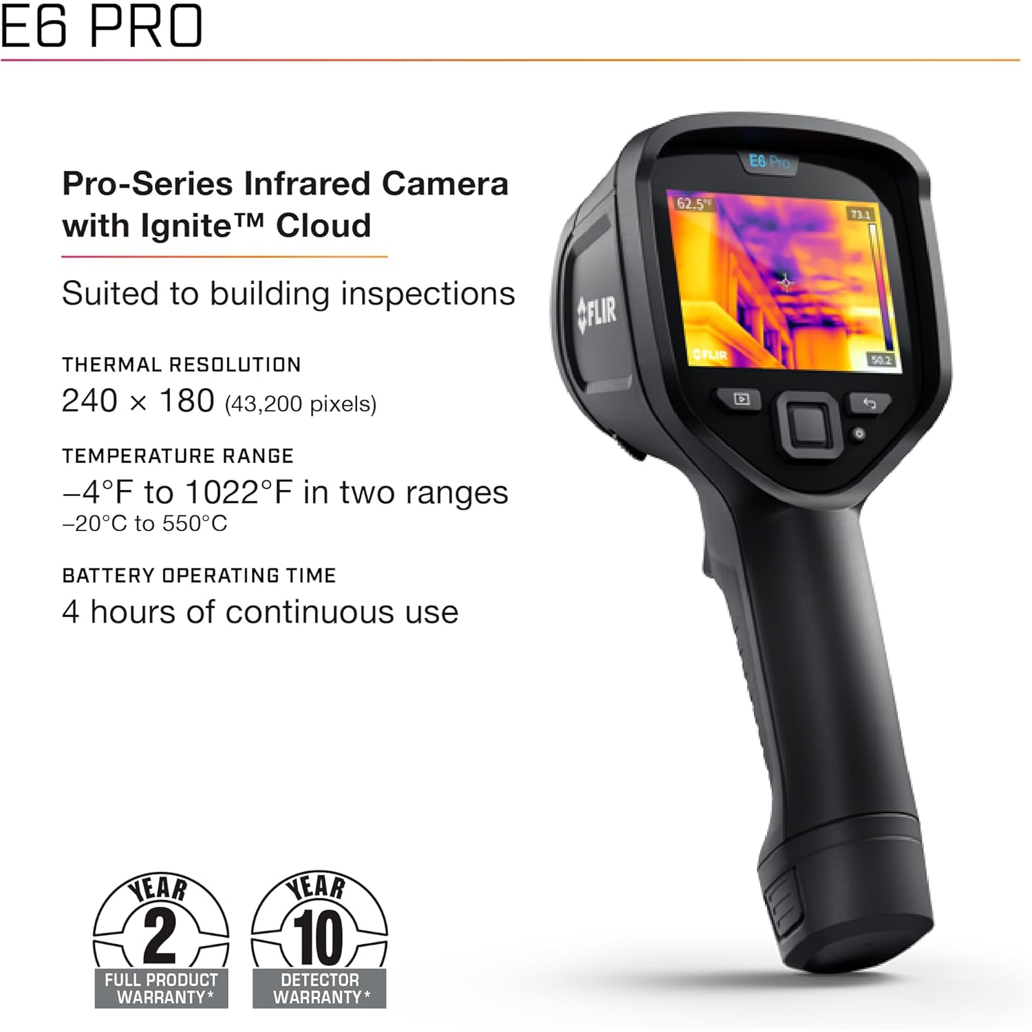 FLIR E6 Pro – Caméra d'imagerie thermique commerciale avec Wi-Fi. Caméra infrarouge haute résolution avec nuage Ignite de FLIR - Boîte ouverte