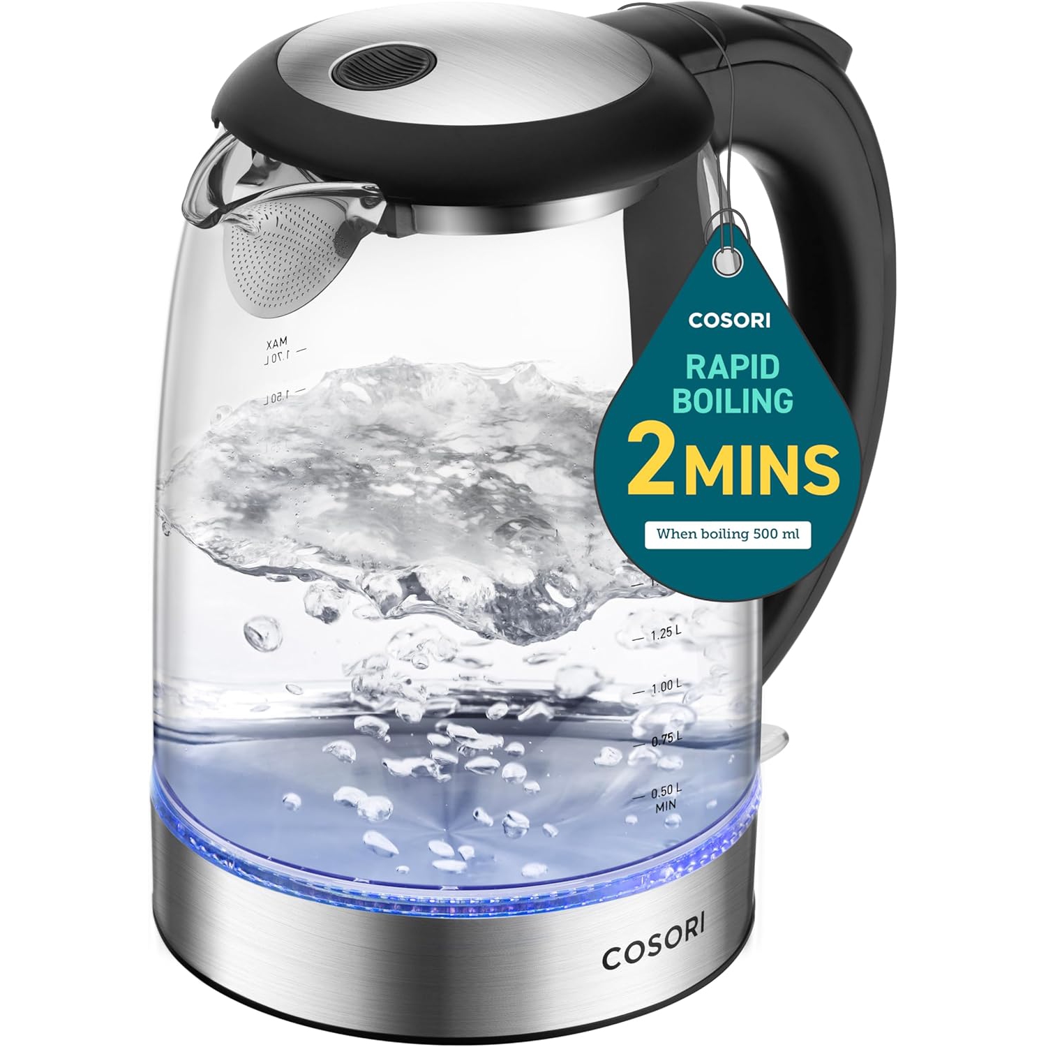 COSORI Electric Kettle 1.7L, 1500W Wide Opening Glass Tea Kettle & Hot Water Boiler, Stainless Steel Filter And Inner Lid, LED Indicator Auto Shut-Off & Boil-Dry Protection, Cordle