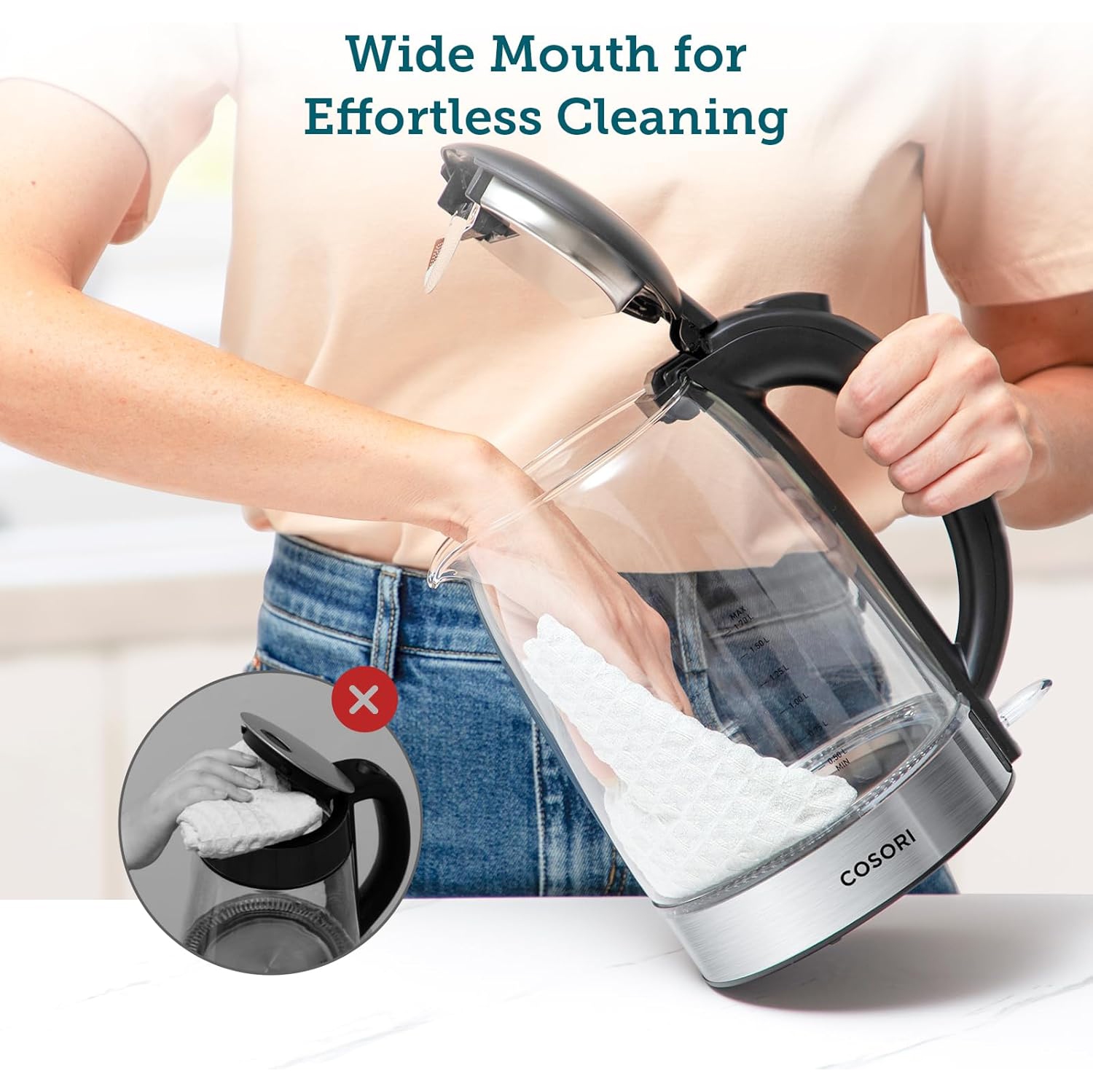 COSORI Electric Kettle 1.7L, 1500W Wide Opening Glass Tea Kettle & Hot Water Boiler, Stainless Steel Filter And Inner Lid, LED Indicator Auto