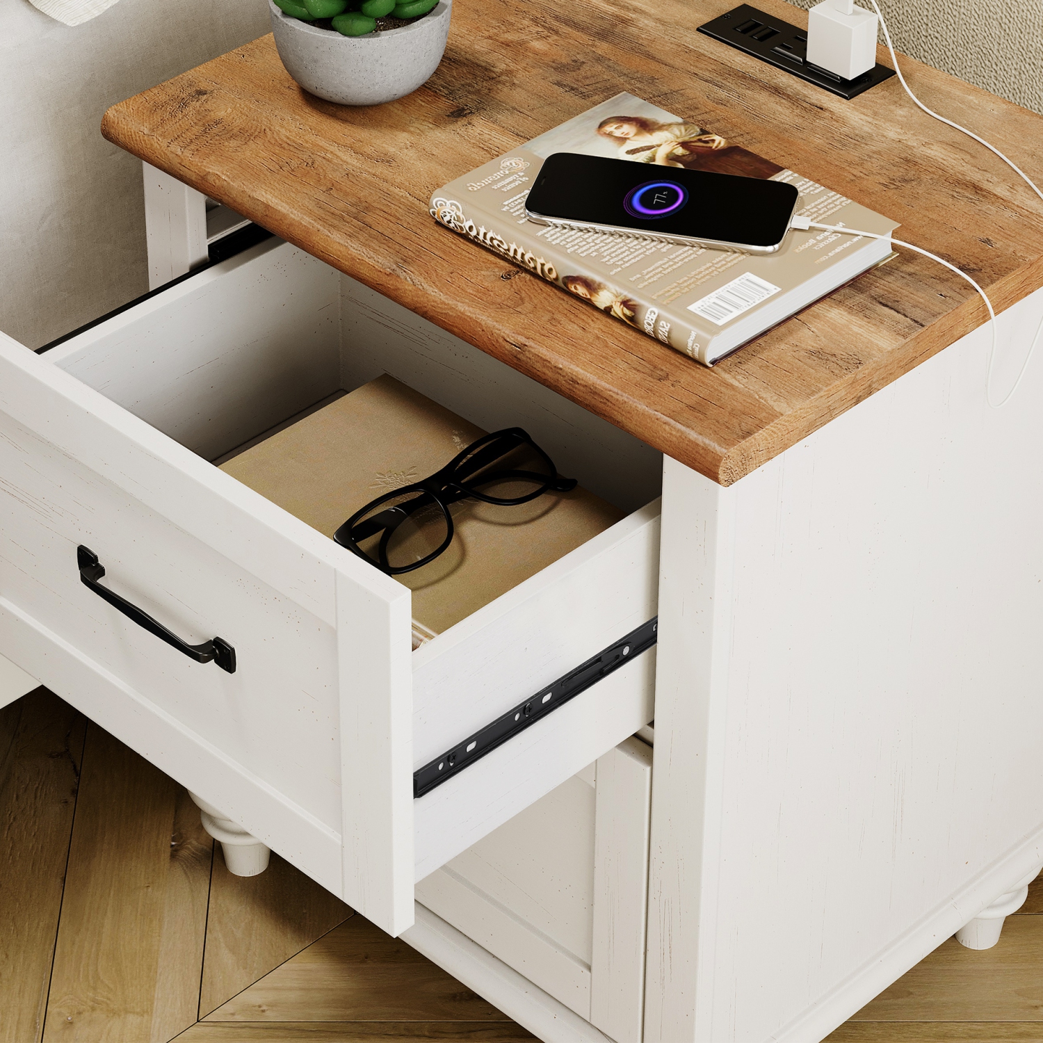 WAMPAT Nightstand with Charging Station Set of 2,Farmhouse End Sofa Table with USB Ports&Power Outlets for Living Room,Bed Side Table with 2 Drawers