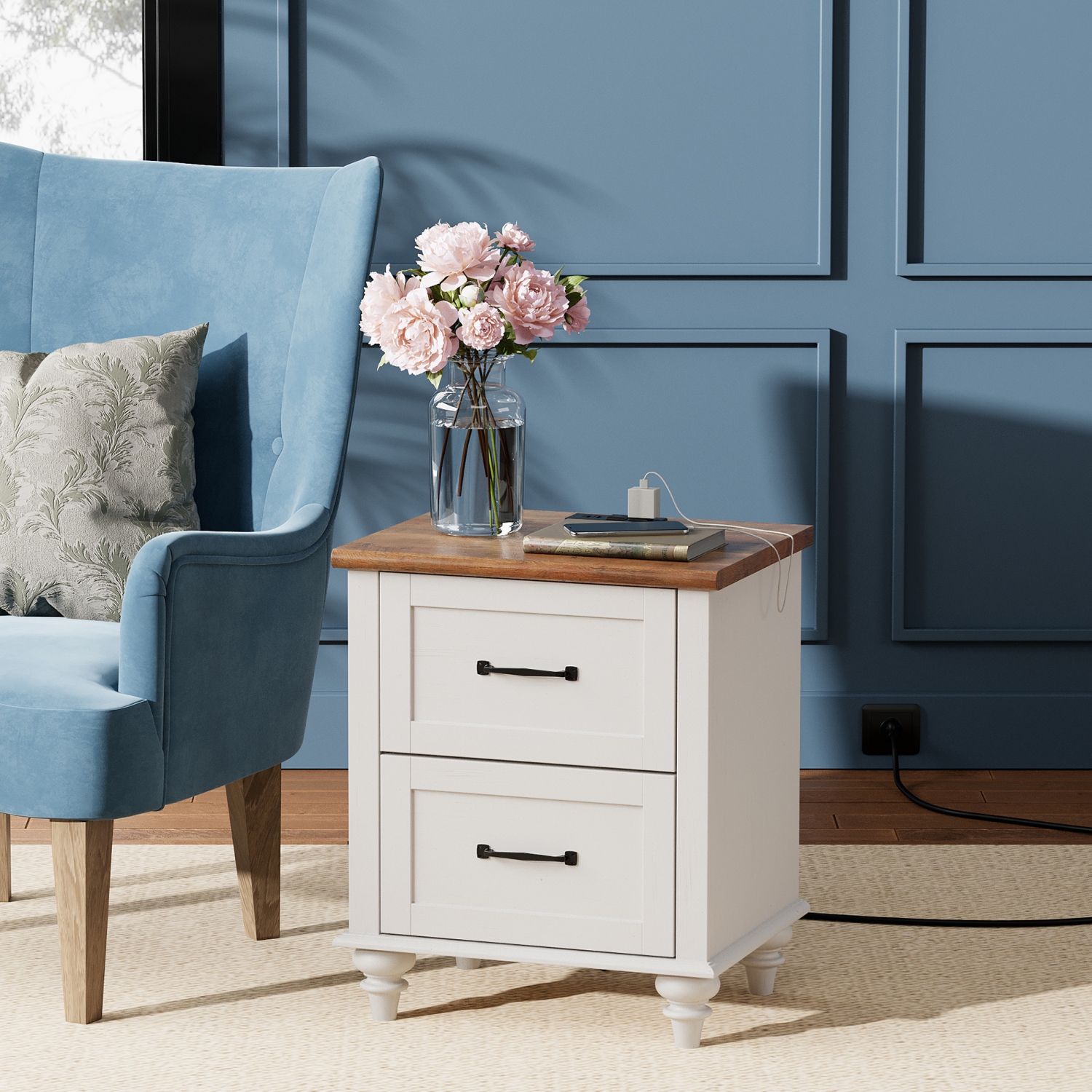 WAMPAT Nightstand with Charging Station Set of 2,Farmhouse End Sofa Table with USB Ports&Power Outlets for Living Room,Bed Side Table with 2 Drawers
