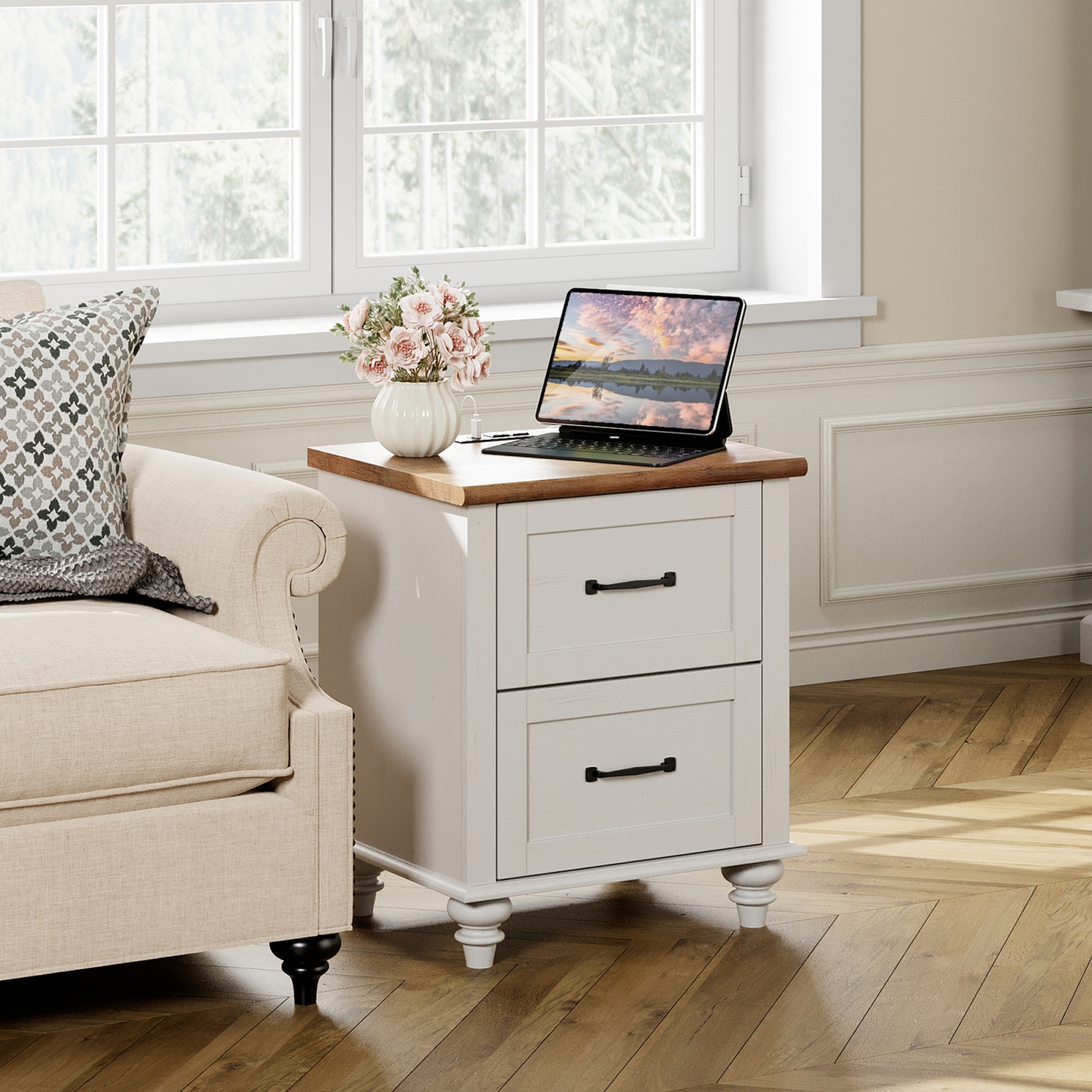 WAMPAT Nightstand with Charging Station Set of 2,Farmhouse End Sofa Table with USB Ports&Power Outlets for Living Room,Bed Side Table with 2 Drawers