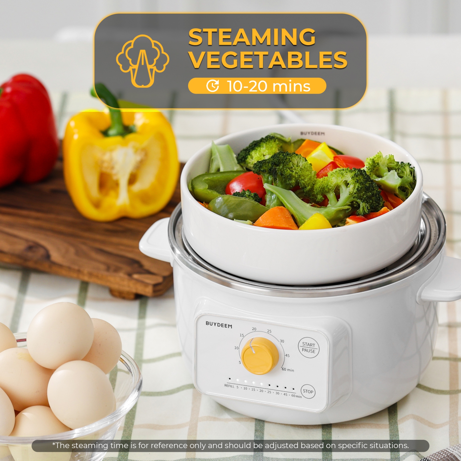 Cuiseur à vapeur électrique BUYDEEM G32 de 1,6 pte, cuiseur à vapeur en acier inoxydable pour oeufs de mer végétaux, 8 réglages de temps, triple
