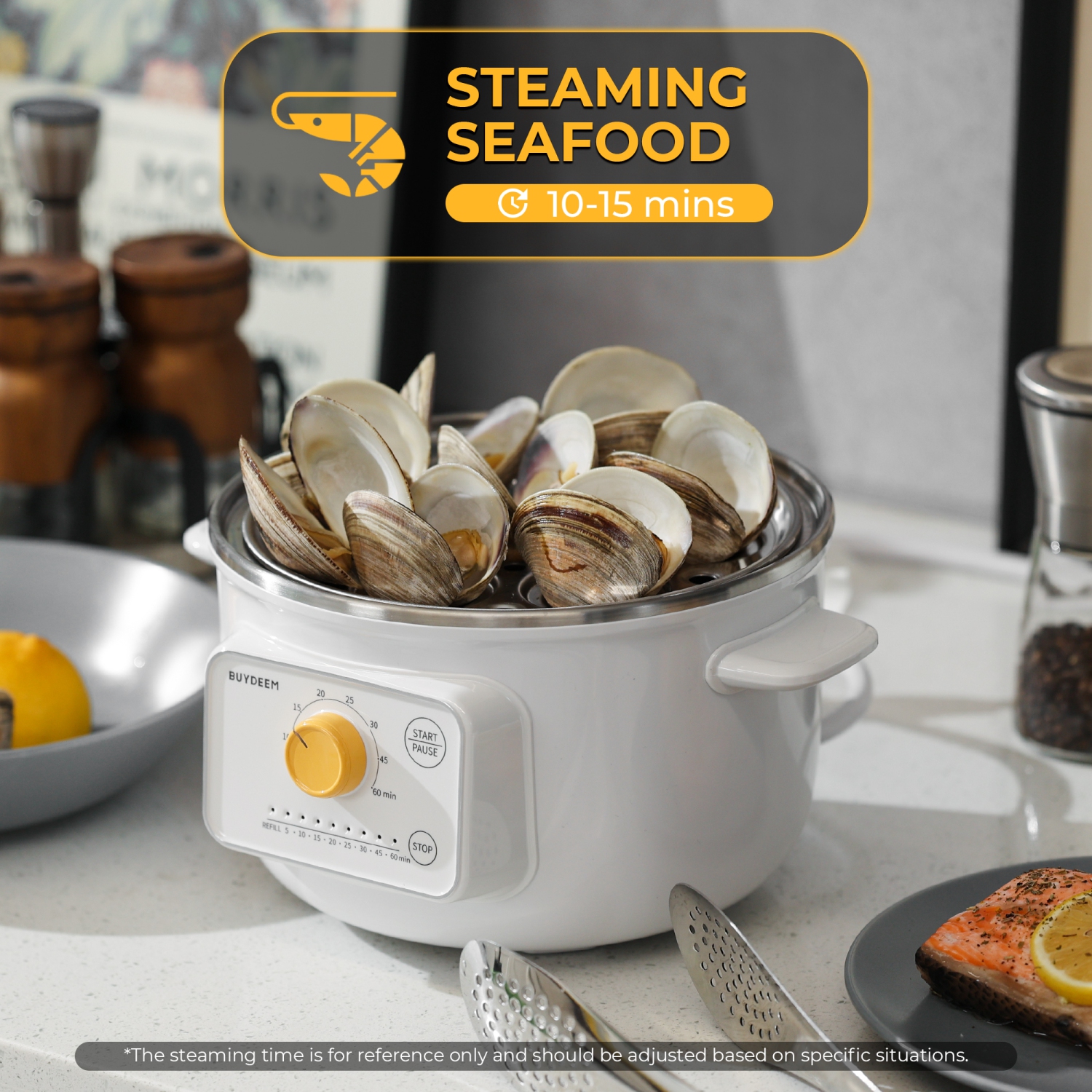 Cuiseur à vapeur électrique BUYDEEM G32 de 1,6 pte, cuiseur à vapeur en acier inoxydable pour oeufs de mer végétaux, 8 réglages de temps, triple