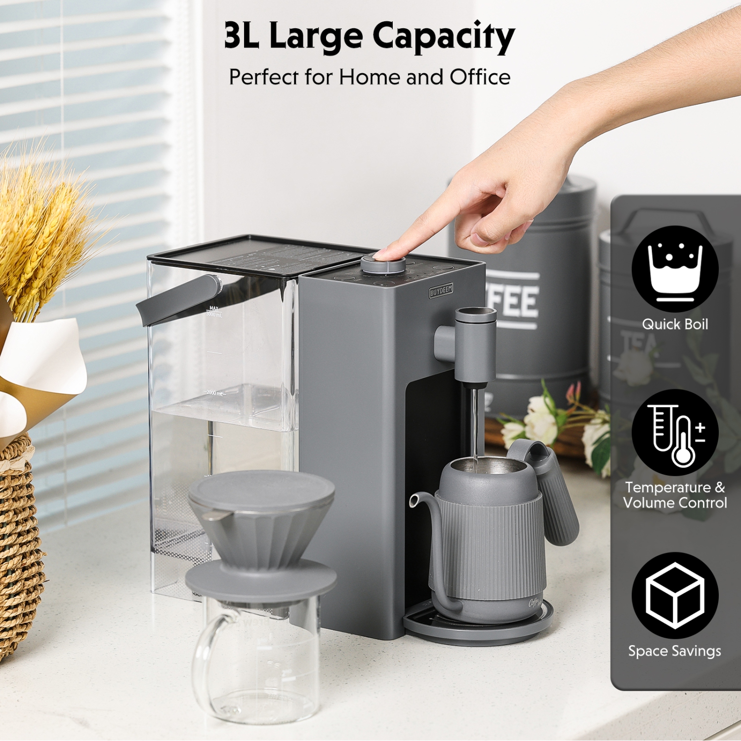 BUYDEEM S9023 3L Instant Hot Water Dispenser, Countertop Water Boiler with 8 Temperature and 5 Water Volume Settings, Fast Boil, Perfect for Home and