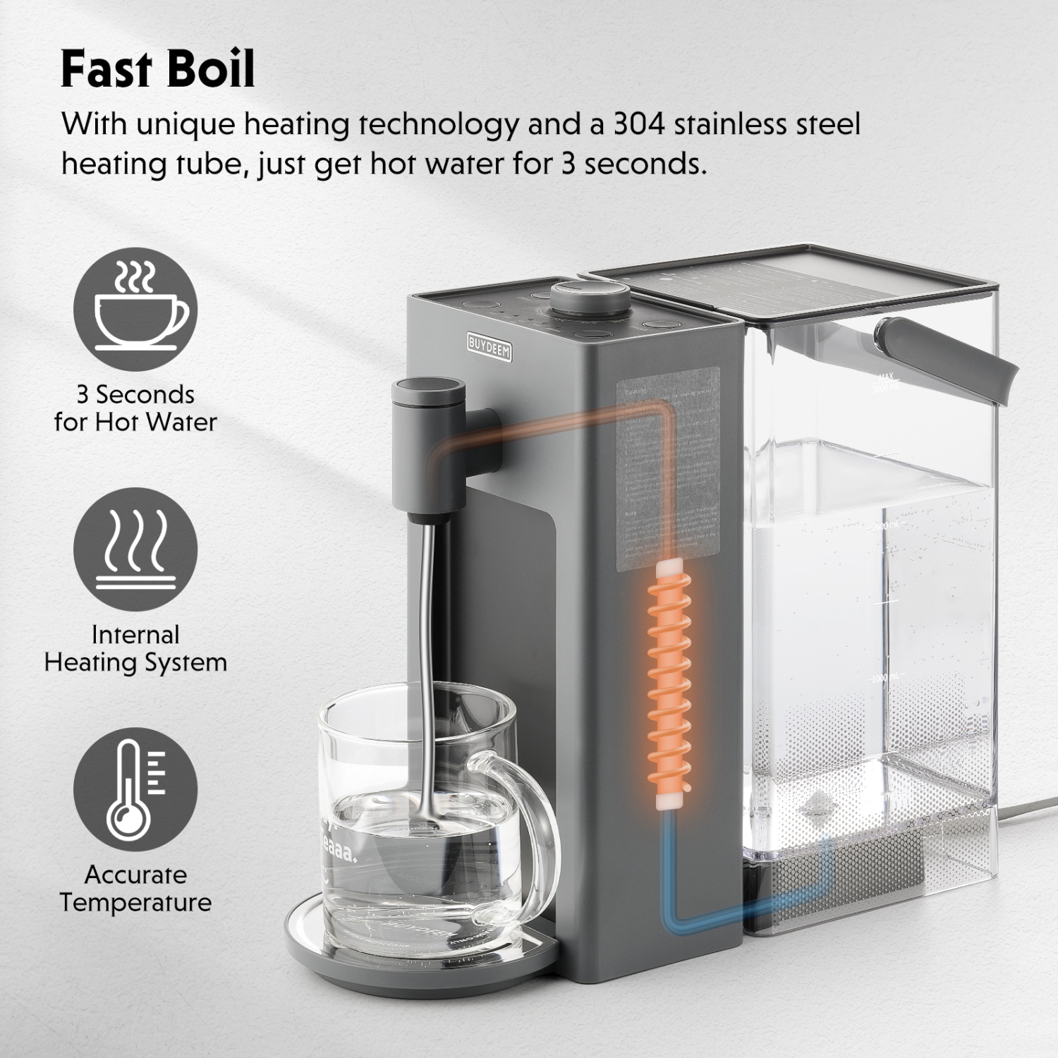 BUYDEEM S9023 3L Instant Hot Water Dispenser, Countertop Water Boiler with 8 Temperature and 5 Water Volume Settings, Fast Boil, Perfect for Home and