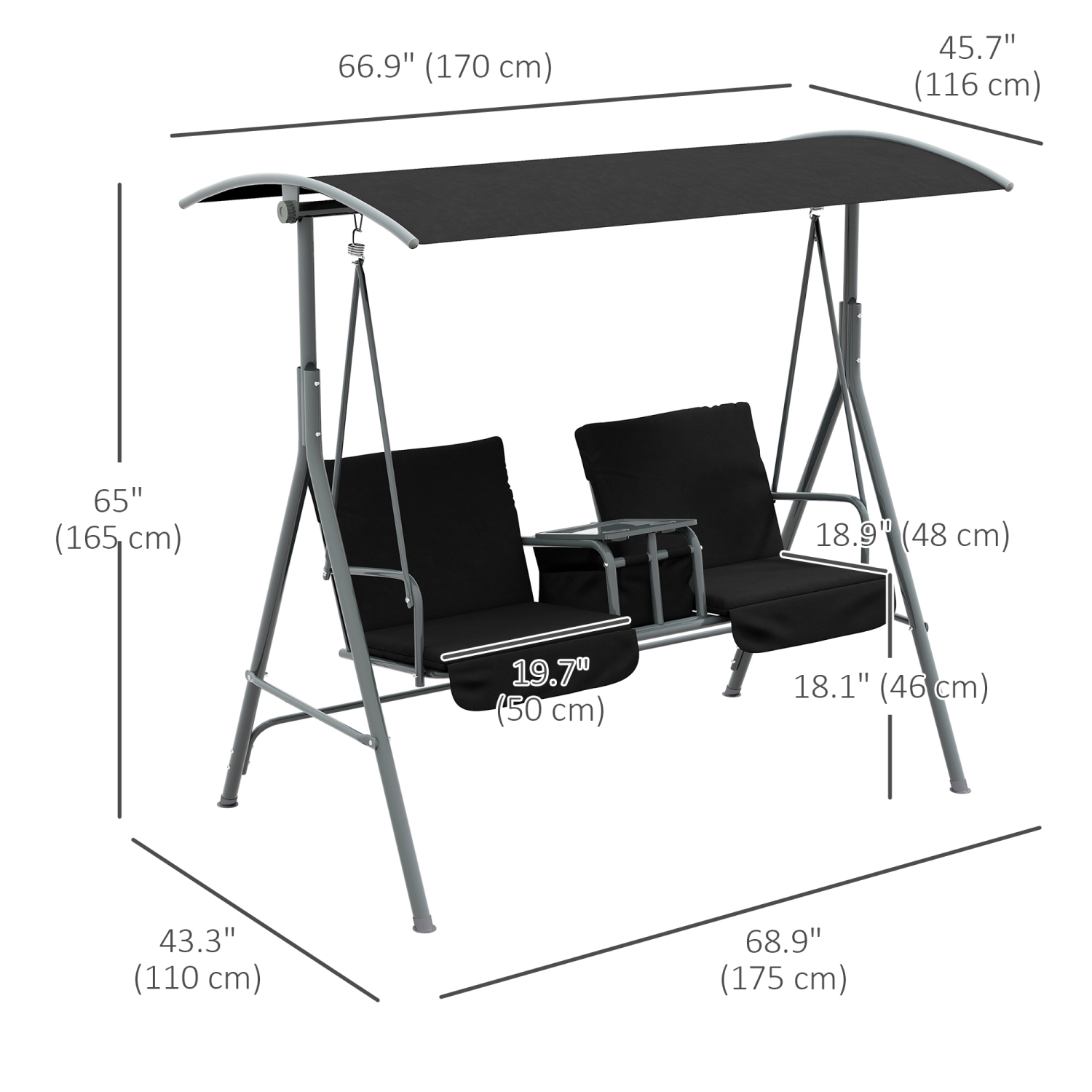 Outsunny 2 Person Porch Swing, Patio Swing Chair with Adjustable Canopy, Table and Storage bag for Outdoor, Garden, Backyard, Poolside, Black