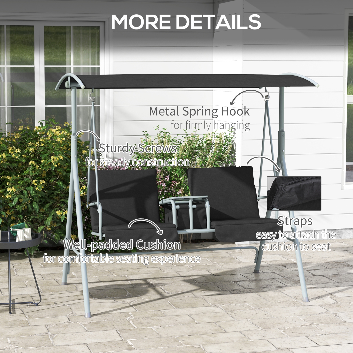 Outsunny 2 Person Porch Swing, Patio Swing Chair with Adjustable Canopy, Table and Storage bag for Outdoor, Garden, Backyard, Poolside, Black