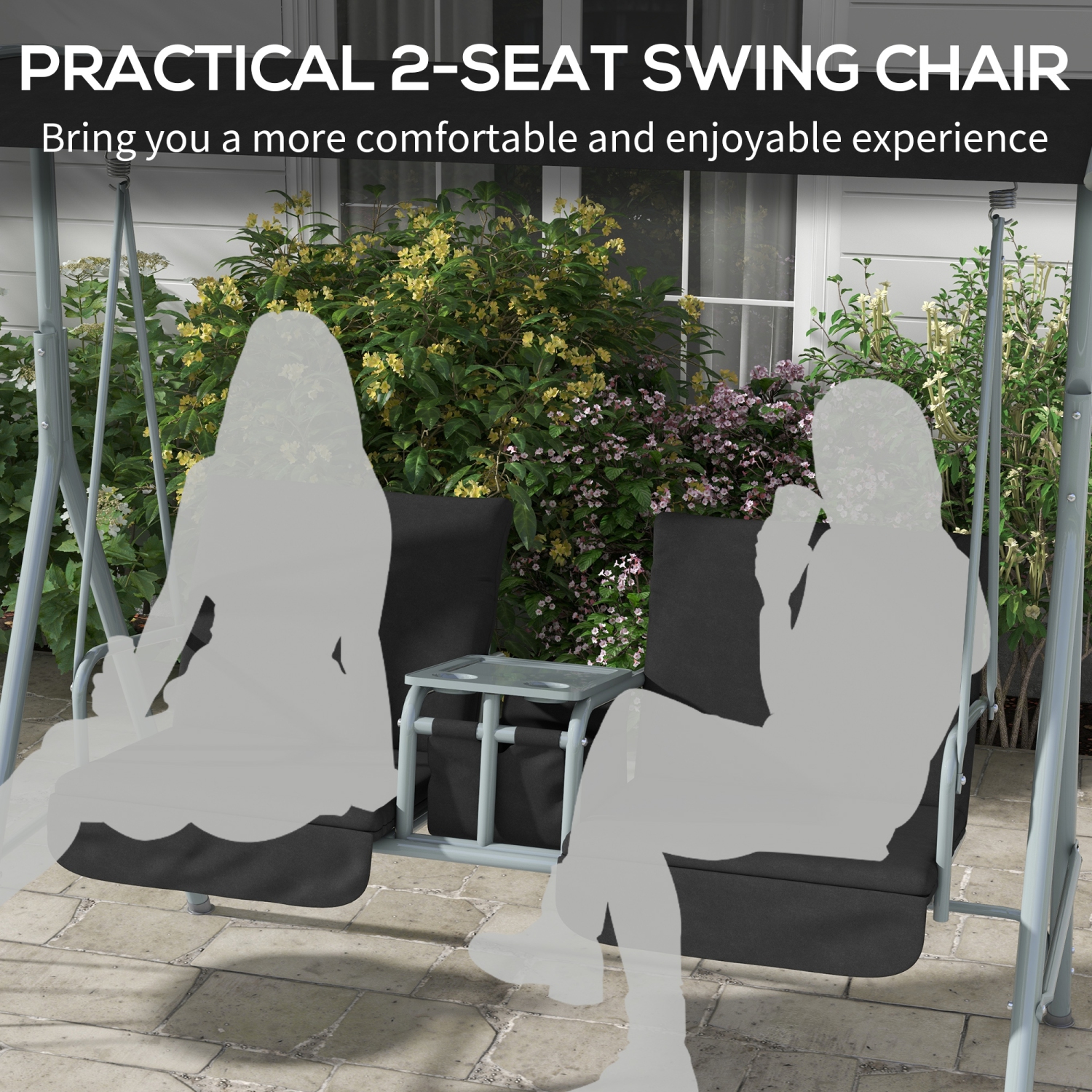 Outsunny 2 Person Porch Swing, Patio Swing Chair with Adjustable Canopy, Table and Storage bag for Outdoor, Garden, Backyard, Poolside, Black