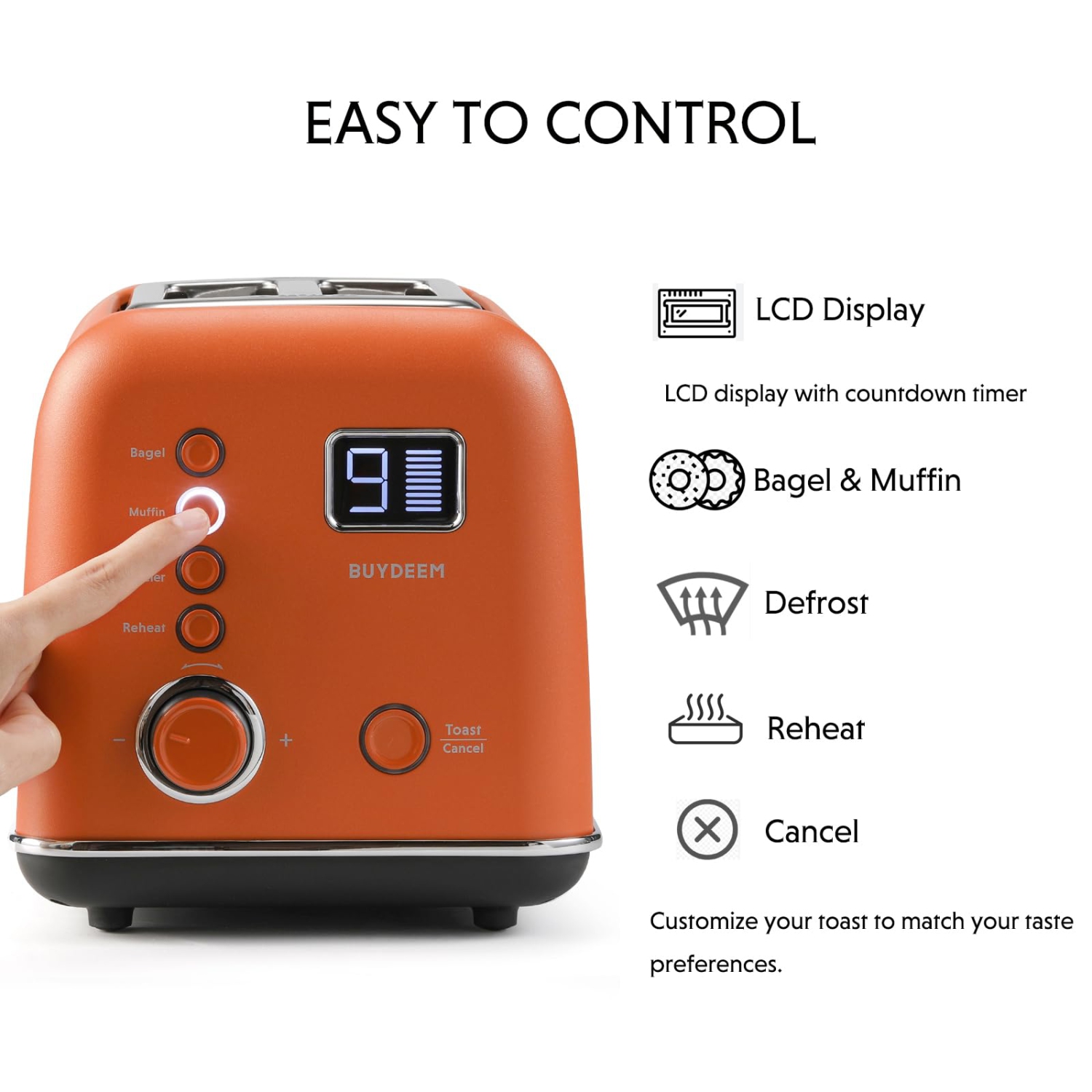 BUYDEEM DT730 2-Slice Motorized Toaster, Smart Digital Leverless Toaster with LCD Countdown Timer, 9-Shade Settings for Toast, Bagels, Muffins