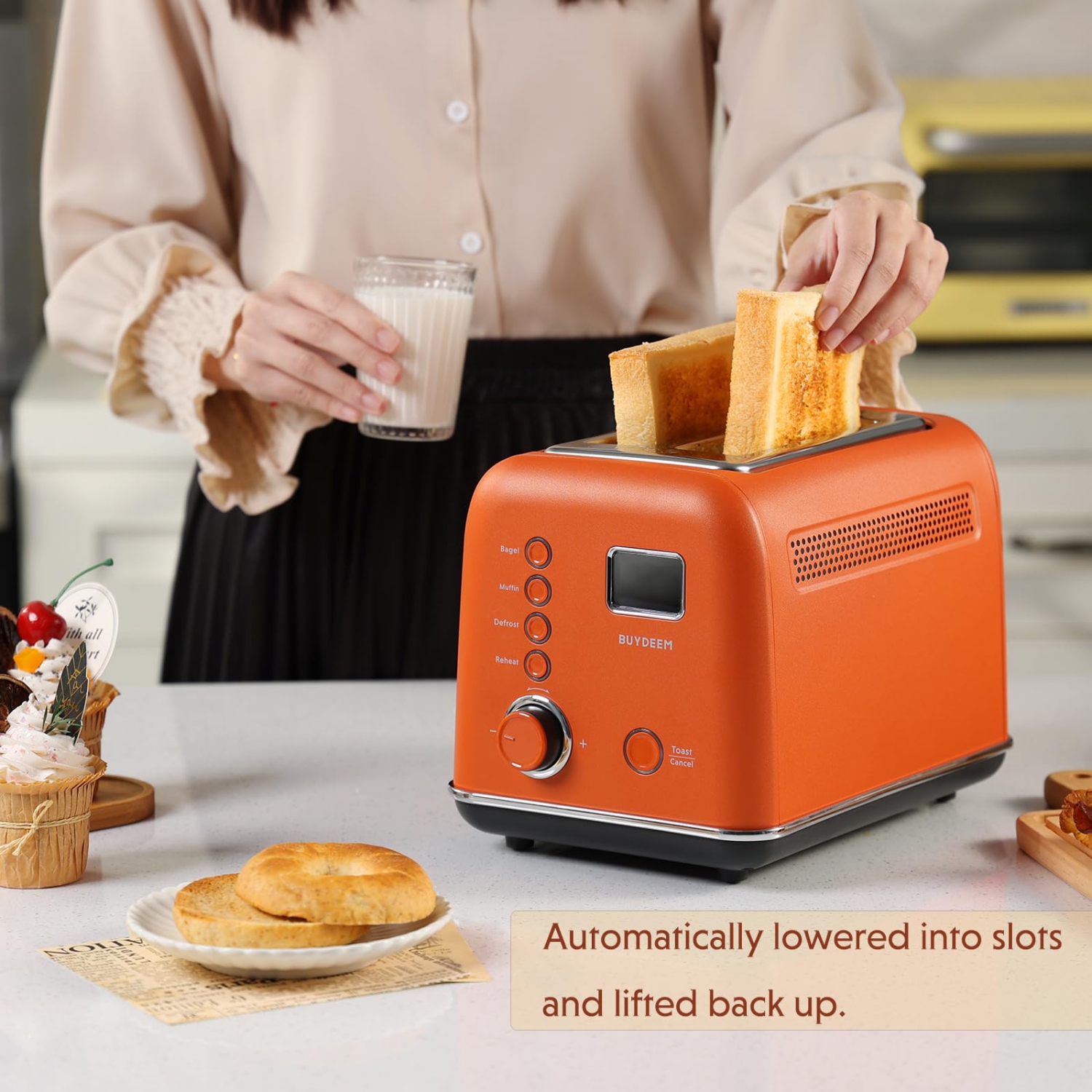 BUYDEEM DT730 2-Slice Motorized Toaster, Smart Digital Leverless Toaster with LCD Countdown Timer, 9-Shade Settings for Toast, Bagels, Muffins