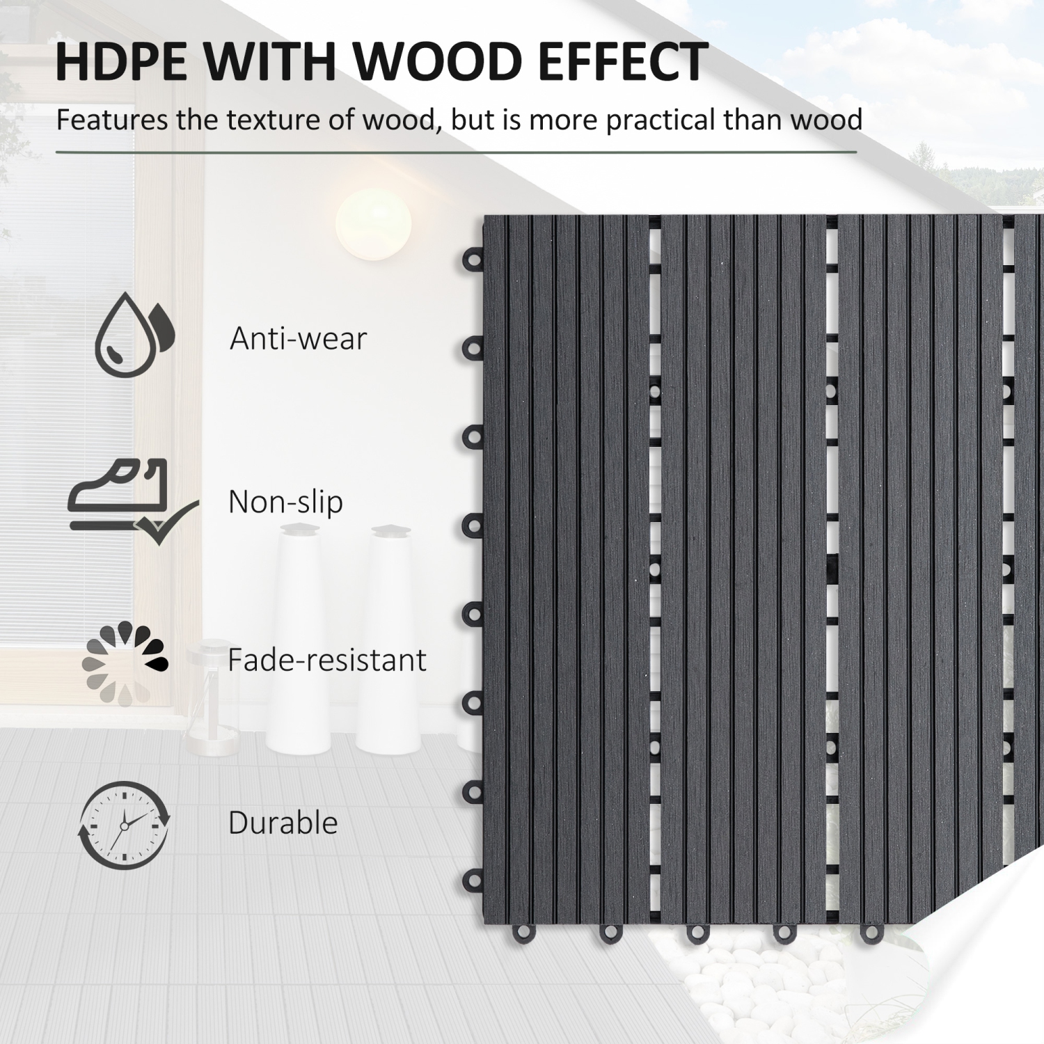 Outsunny 11 Pcs Plastic Interlocking Deck Tiles, 12" x 12" Non-slip Outdoor Flooring Tiles, 11 sq.ft. per Pack, All Weather for Indoor Outdoor Patio