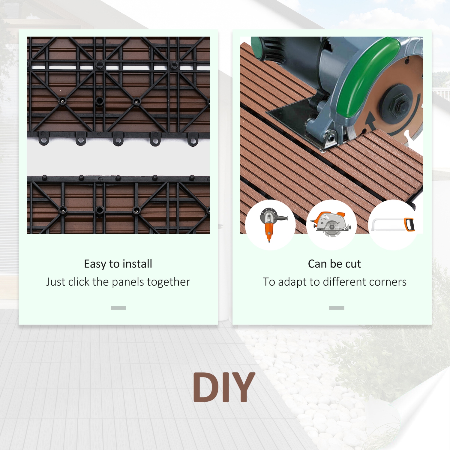 Outsunny 11 Pcs Plastic Interlocking Deck Tiles, 12" x 12" Non-slip Outdoor Flooring Tiles, 11 sq.ft. Per Pack, All Weather for Indoor Outdoor Patio