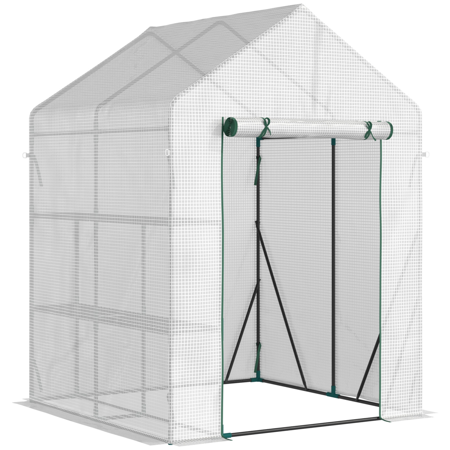 Jardinière extérieure Outsunny, 56 x 56&nbsp;po, maison chaude de jardin portative avec tablette à 2 niveaux, porte enroulable à fermeture à