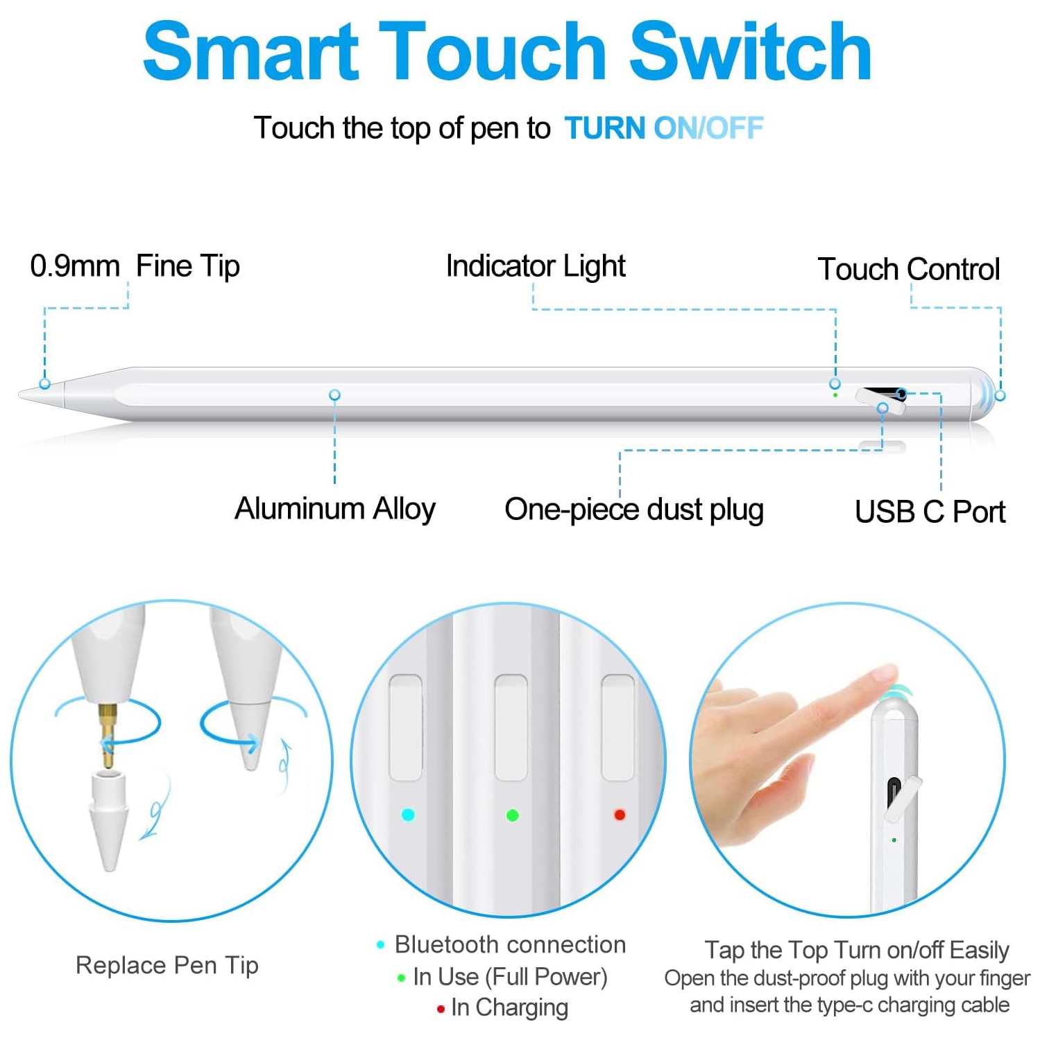 Stylus Pen for iPad 2018-2024 with Palm Rejection, Apple Pencil for Apple iPad 10th/9th/8th/7th/6th Gen, iPad Pro 11/12.9/13inch, iPad Air 2024