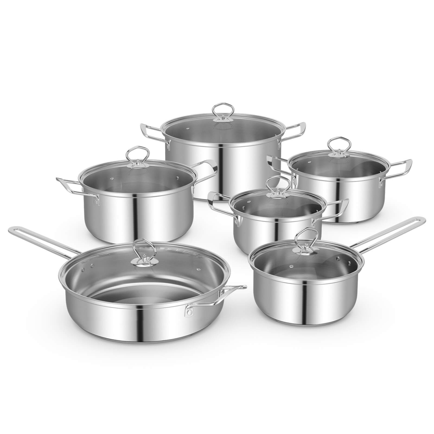 Costway 12 PCS Pots & Pans Set with Tempered Glass Lids Handles & 3-Ply Base 4 Stockpots