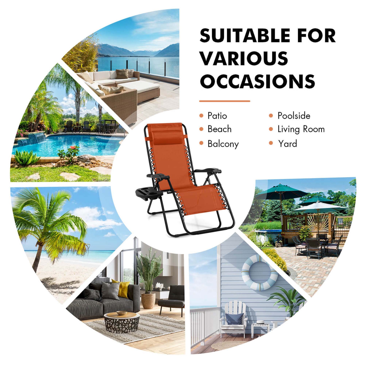 Costway Folding Zero Gravity Reclining Lounge Chairs Beach Patio with Utility Tray