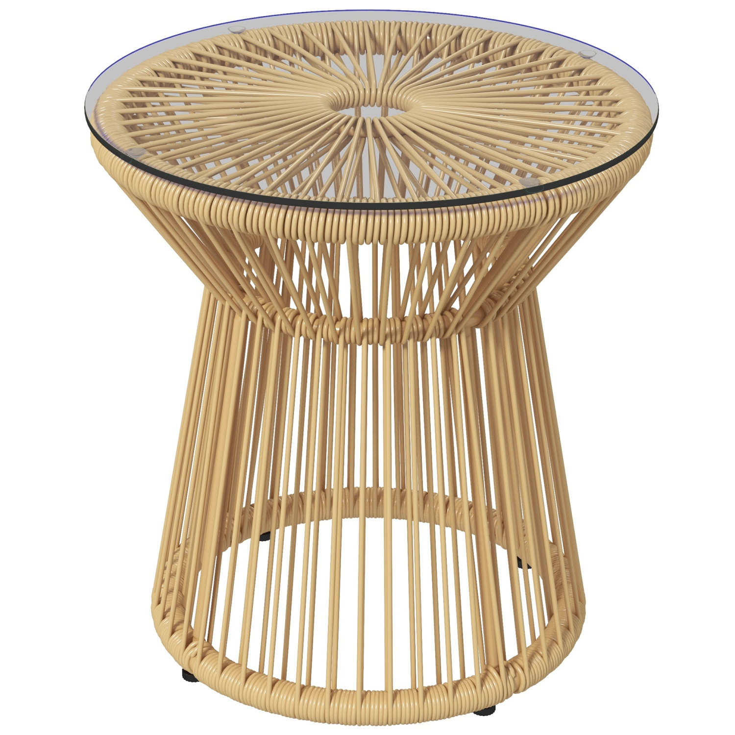 Outsunny Freestanding End Table, Round Hollow Drum Design Side Table with Round PE Rattan and Tempered Glass Tabletop for Patio, Garden, Balcony,