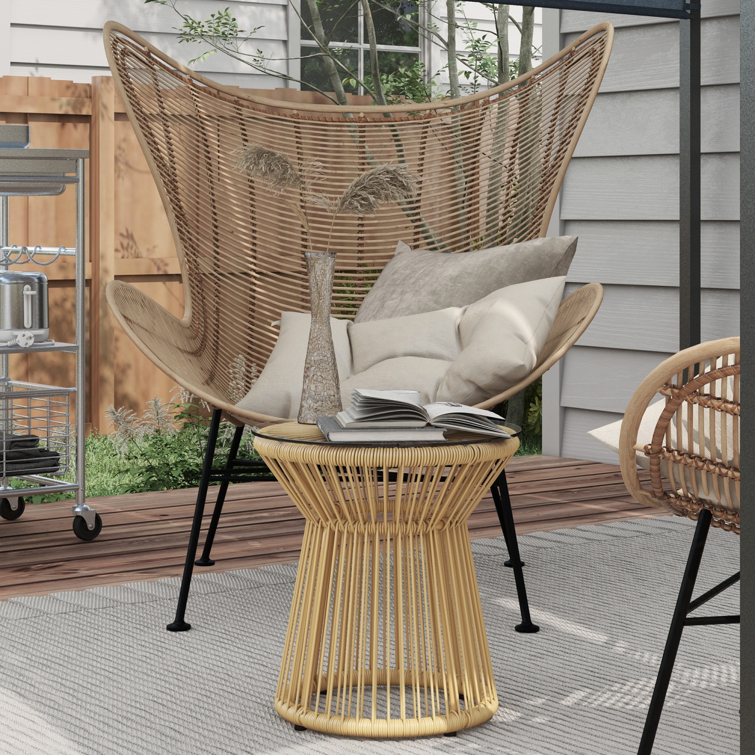 Outsunny Freestanding End Table, Round Hollow Drum Design Side Table with Round PE Rattan and Tempered Glass Tabletop for Patio, Garden, Balcony,