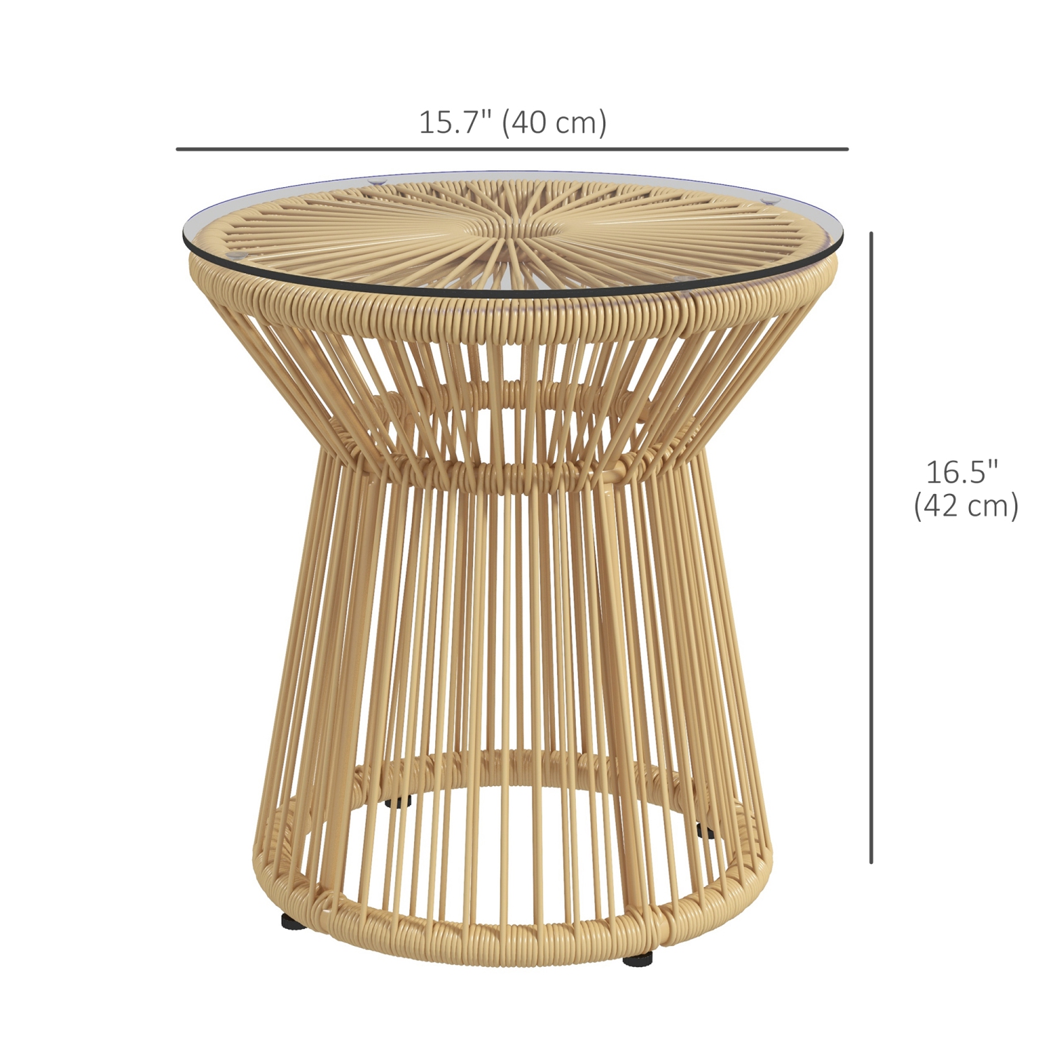 Outsunny Freestanding End Table, Round Hollow Drum Design Side Table with Round PE Rattan and Tempered Glass Tabletop for Patio, Garden, Balcony,