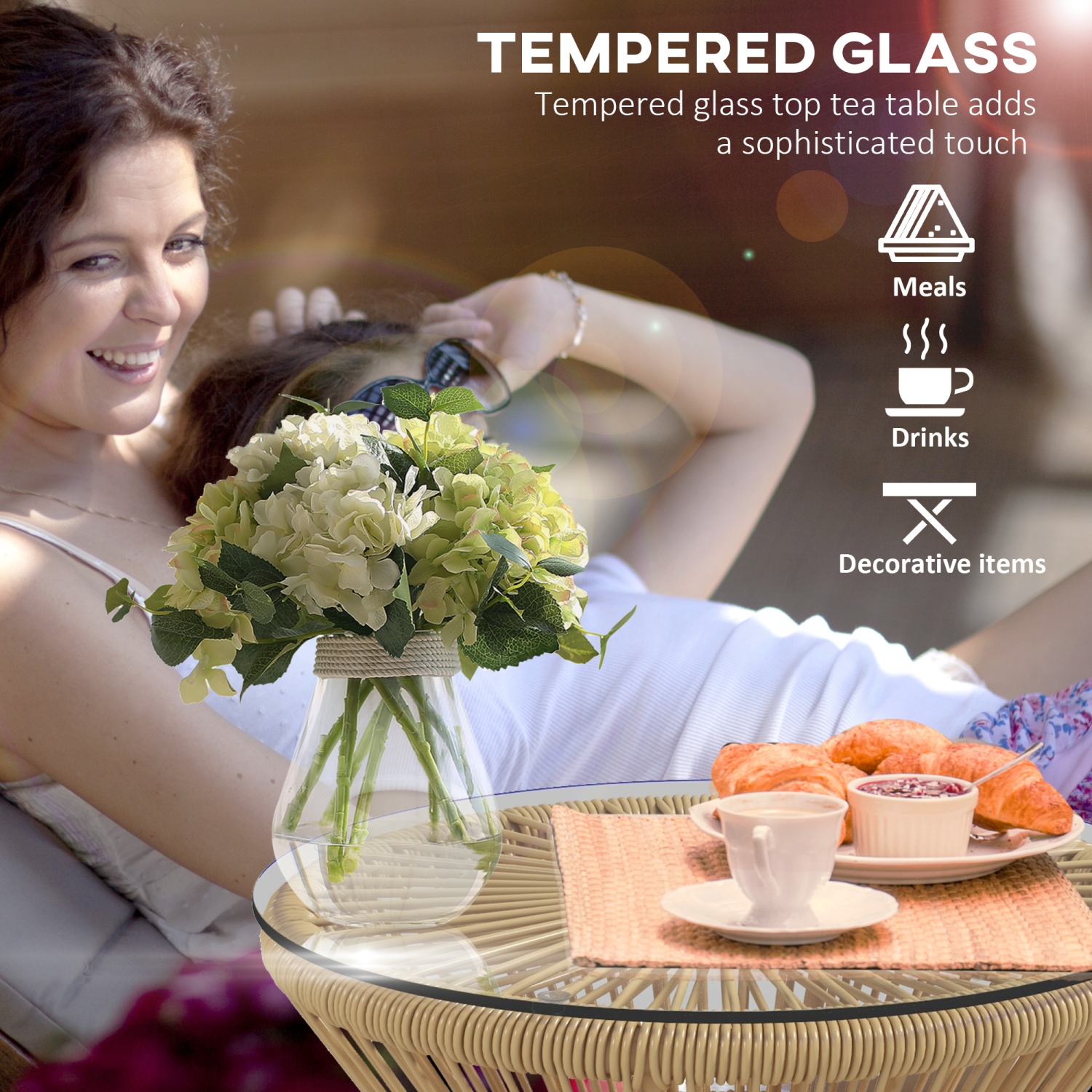 Outsunny Freestanding End Table, Round Hollow Drum Design Side Table with Round PE Rattan and Tempered Glass Tabletop for Patio, Garden, Balcony,