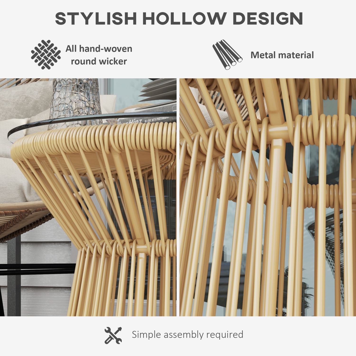 Outsunny Freestanding End Table, Round Hollow Drum Design Side Table with Round PE Rattan and Tempered Glass Tabletop for Patio, Garden, Balcony,