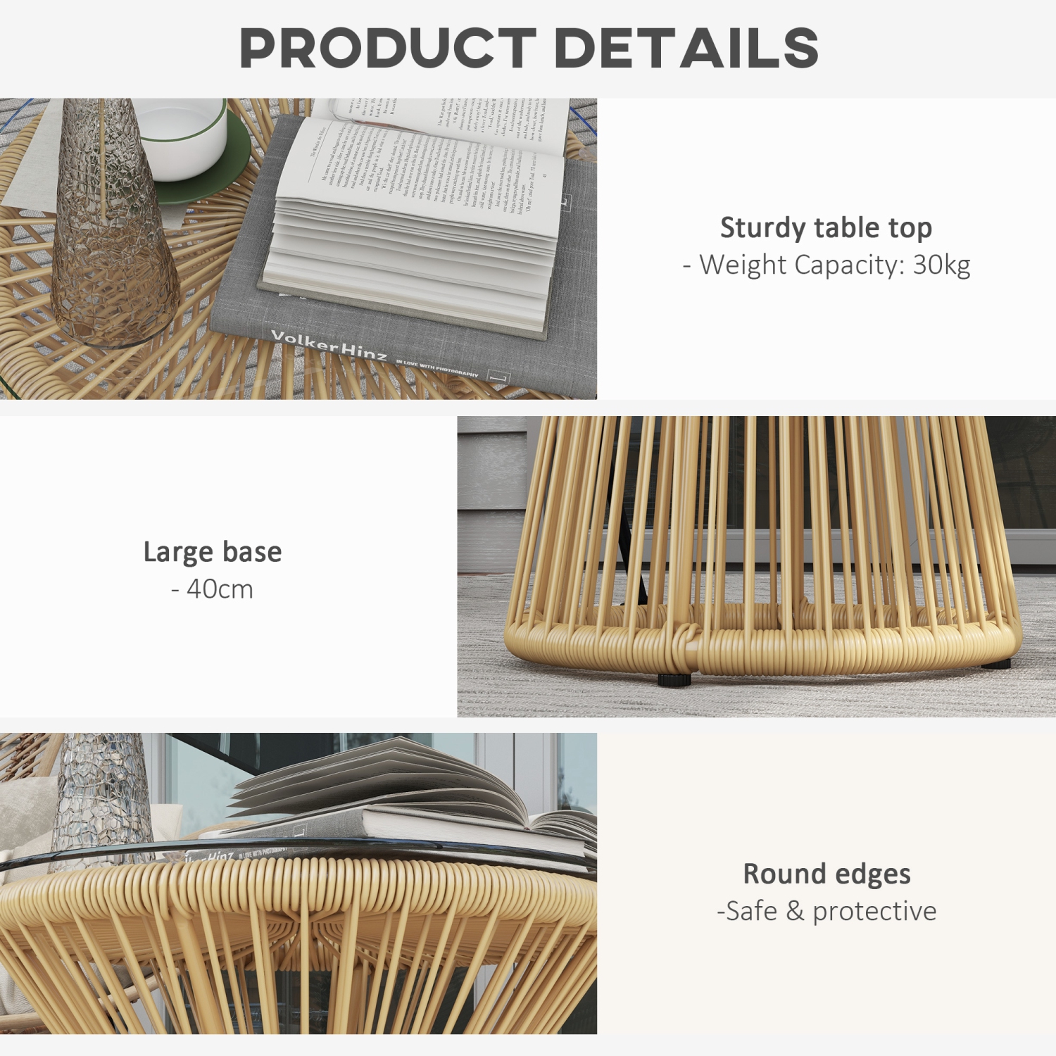 Outsunny Freestanding End Table, Round Hollow Drum Design Side Table with Round PE Rattan and Tempered Glass Tabletop for Patio, Garden, Balcony,