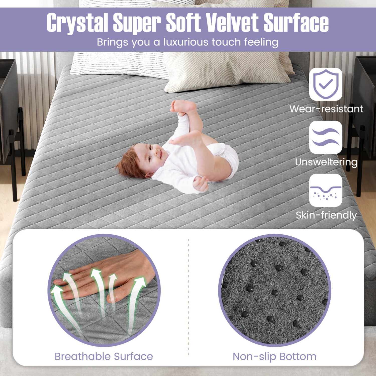 Costway Twin Size Mattress Protector with Deep Pocket Sponge Padding Anti-slip Bottom Gray