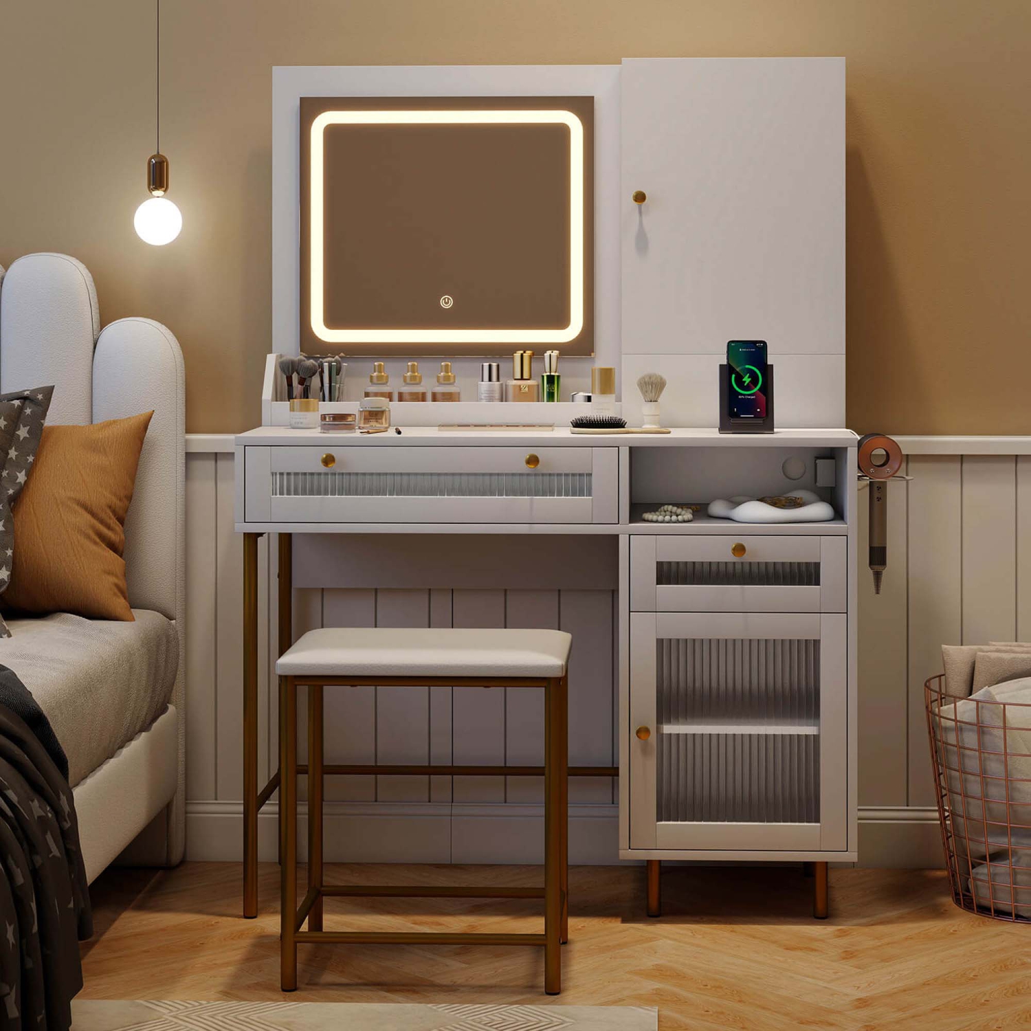 Ensemble de coiffeuse Costway avec miroir et lumières, 3 modes d'éclairage et luminosité réglable