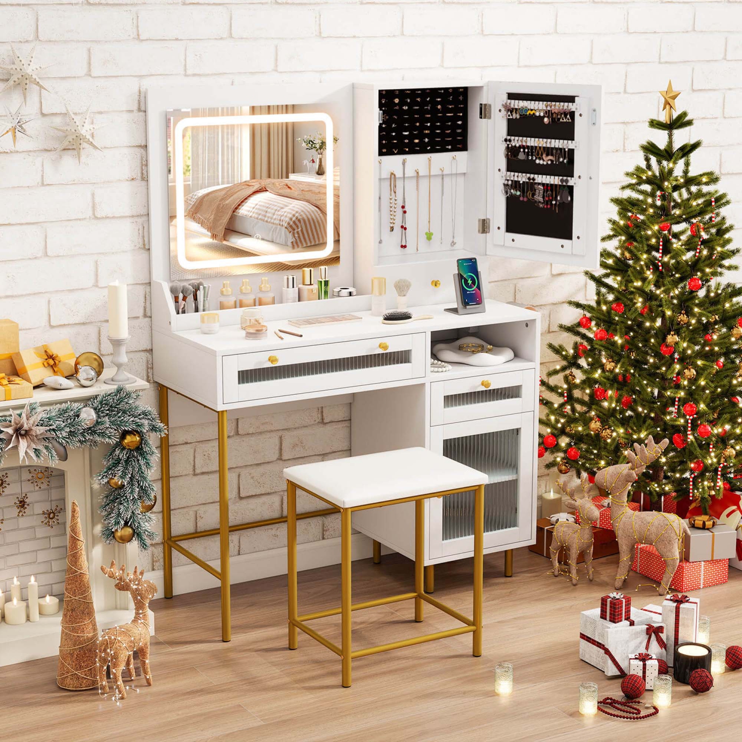 Ensemble de coiffeuse Costway avec miroir et lumières, 3 modes d'éclairage et luminosité réglable