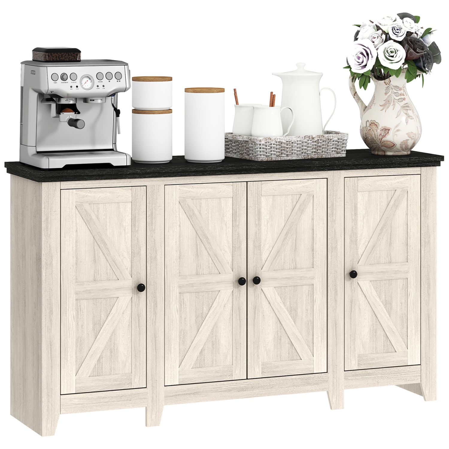 HOMCOM Farmhouse Sideboard, Buffet Cabinet with Storage, Kitchen Storage Cabinets with 4 Barn-style Doors and Adjustable Shelves, Coffee Bar Cabinet,