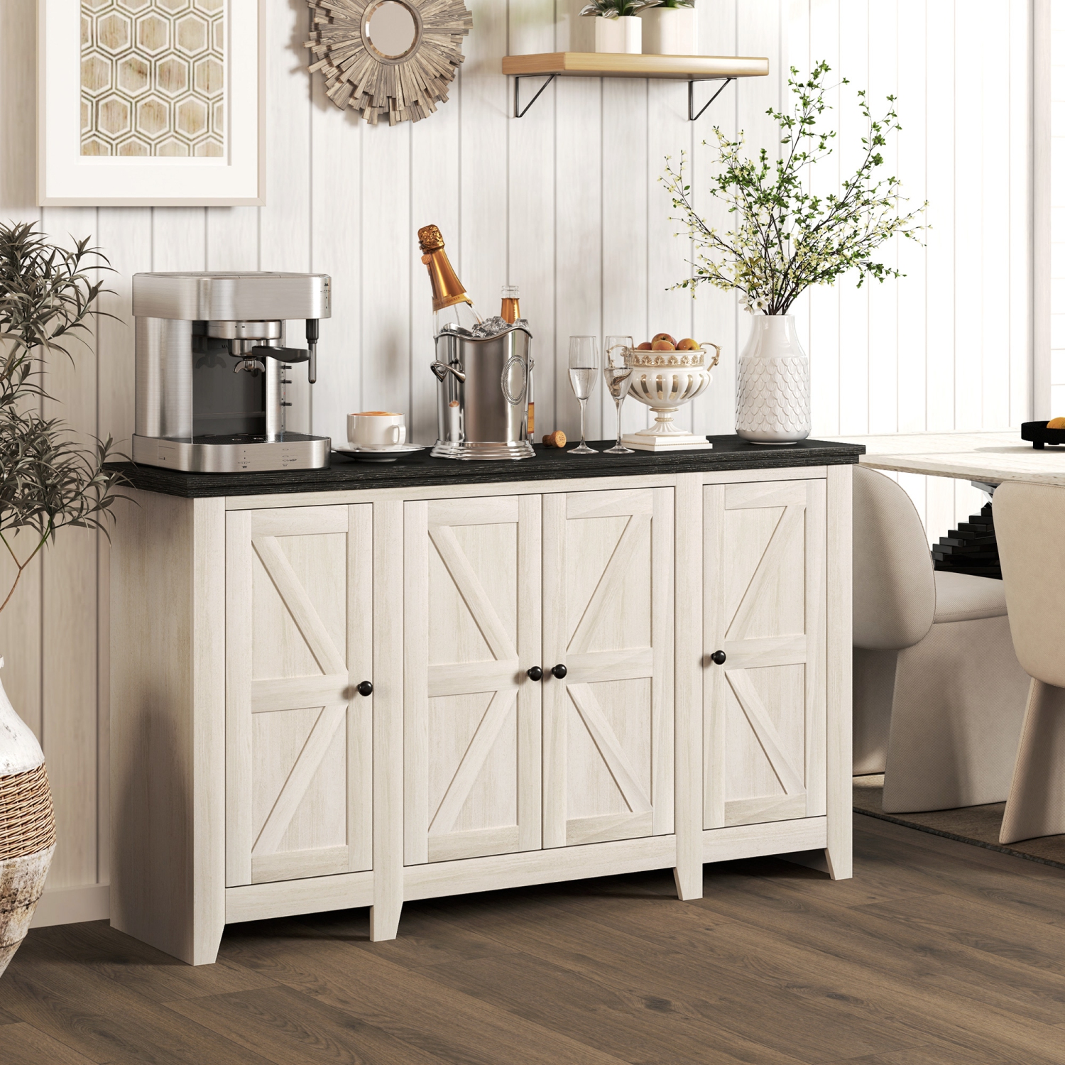 HOMCOM Farmhouse Sideboard, Buffet Cabinet with Storage, Kitchen Storage Cabinets with 4 Barn-style Doors and Adjustable Shelves, Coffee Bar Cabinet,