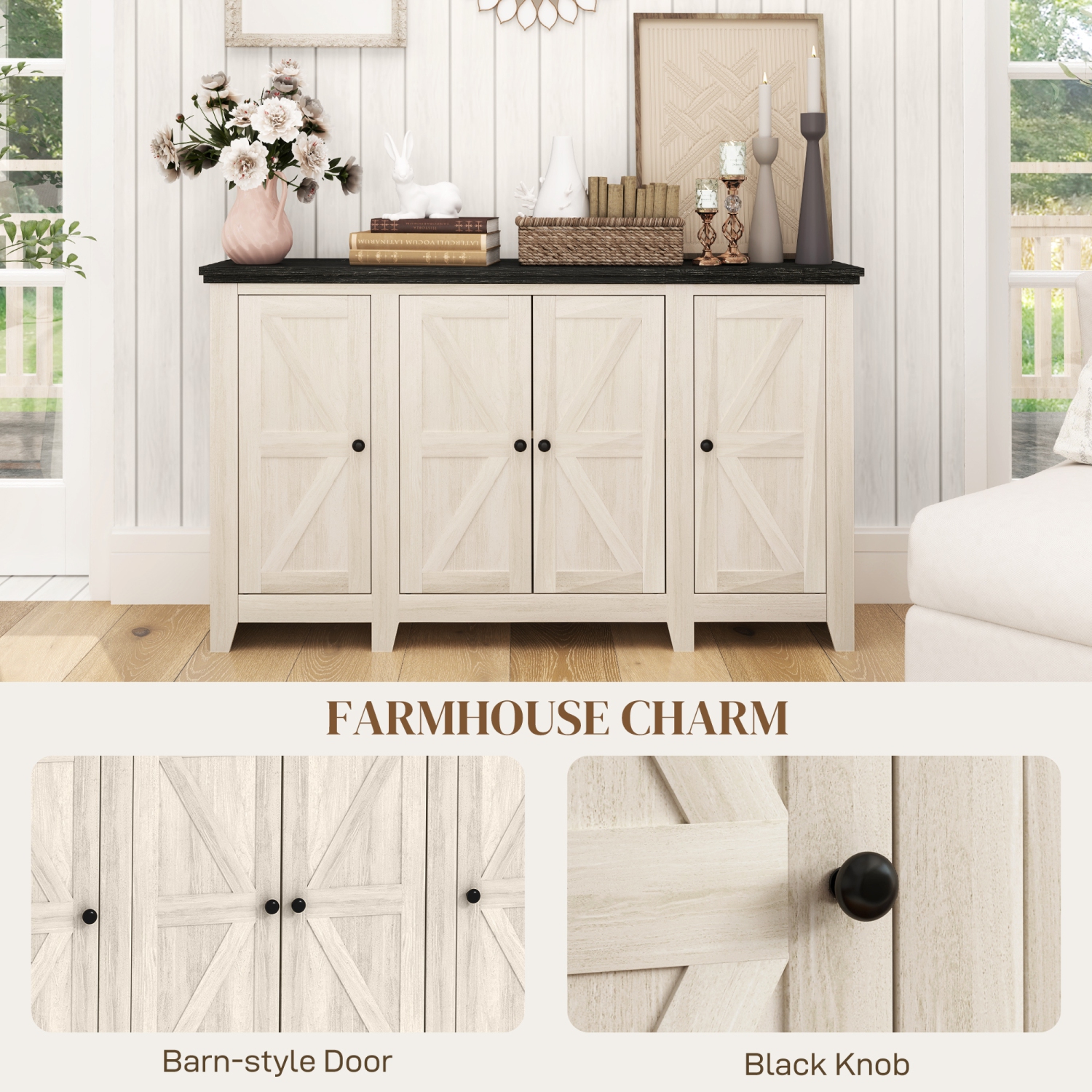 HOMCOM Farmhouse Sideboard, Buffet Cabinet with Storage, Kitchen Storage Cabinets with 4 Barn-style Doors and Adjustable Shelves, Coffee Bar Cabinet,