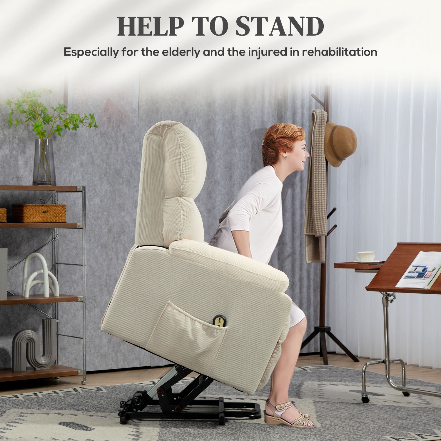 Fauteuil inclinable électrique de HOMCOM, fauteuil inclinable électrique recouvert de tissu pour aînés avec pochettes latérales, télécommande,