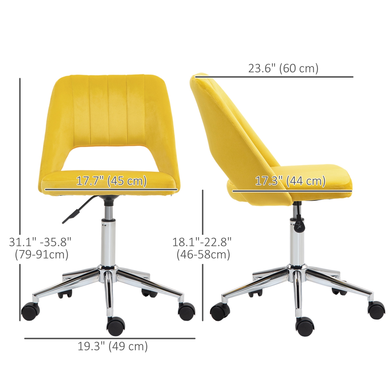 Vinsetto Office Desk Chair, Height Adjustable Computer Task Chair, Modern Fabric Makeup Vanity Chair with Swivel Wheels, Yellow