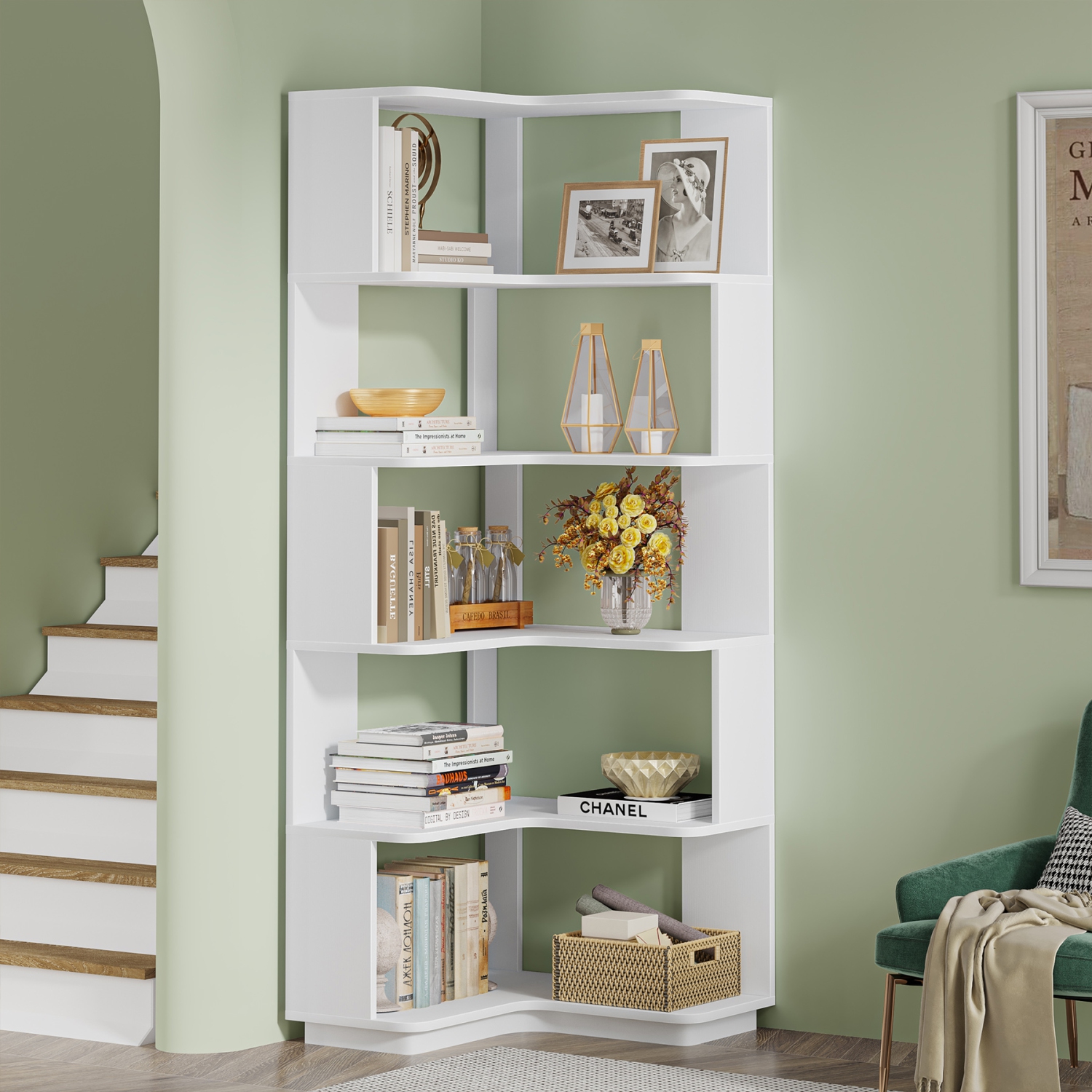 Tribesigns 6-tier Corner Bookshelf, 64.9-inch Modern Bookcase with Anti-Drop Panel, Freestanding Corner Shelving Unit for Home Office, White