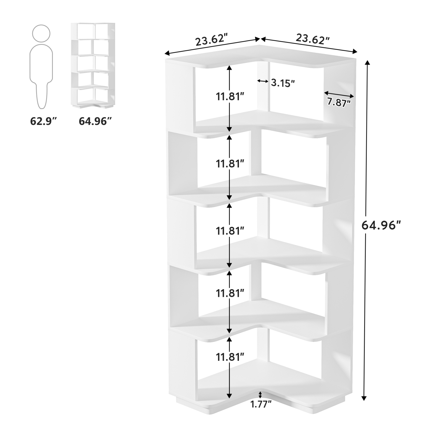 Tribesigns 6-tier Corner Bookshelf, 64.9-inch Modern Bookcase with Anti-Drop Panel, Freestanding Corner Shelving Unit for Home Office, White